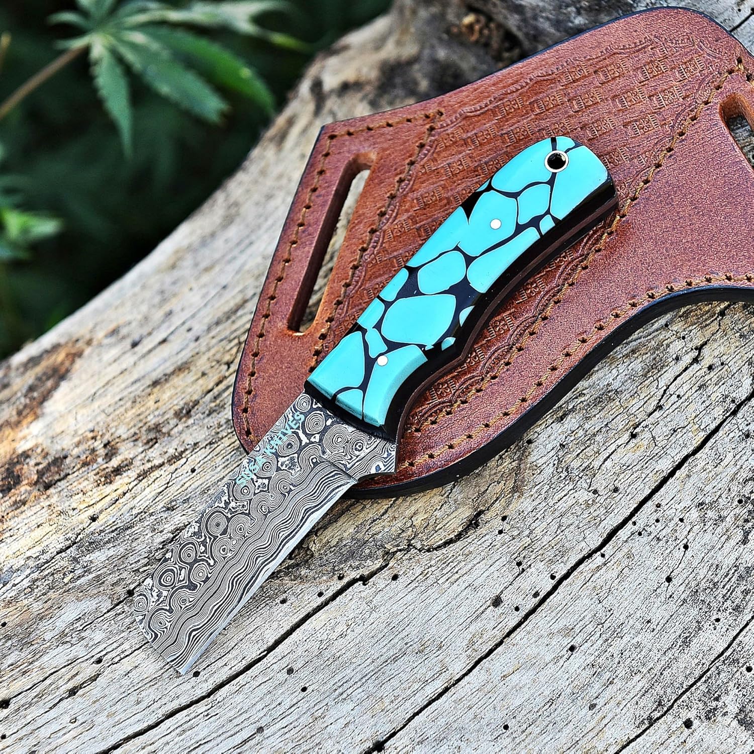 Handmade Damascus steel Bull cutter knife, cowboy knives with pancake leather sheath (FAROZI)
