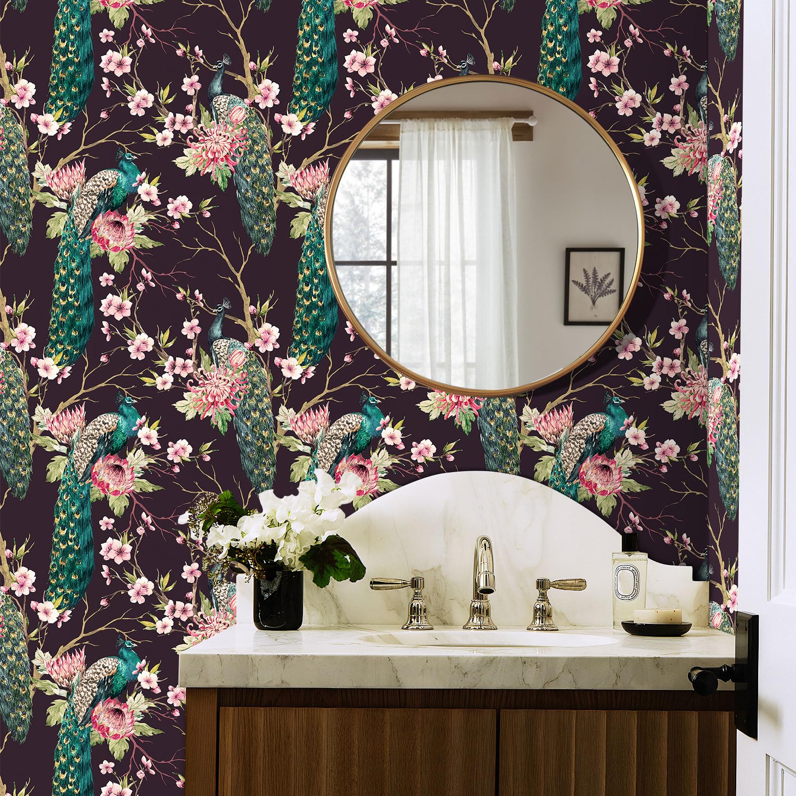 Decotalk Tapeta kwiatowa, samoprzylepna, różowa, kwiat brzoskwini i paw, tapeta ścienna, 44,5 x 900 cm, orientalny styl, samoprzylepna, tapeta różowa, kwiaty, do sypialni, folia meblowa do szafek