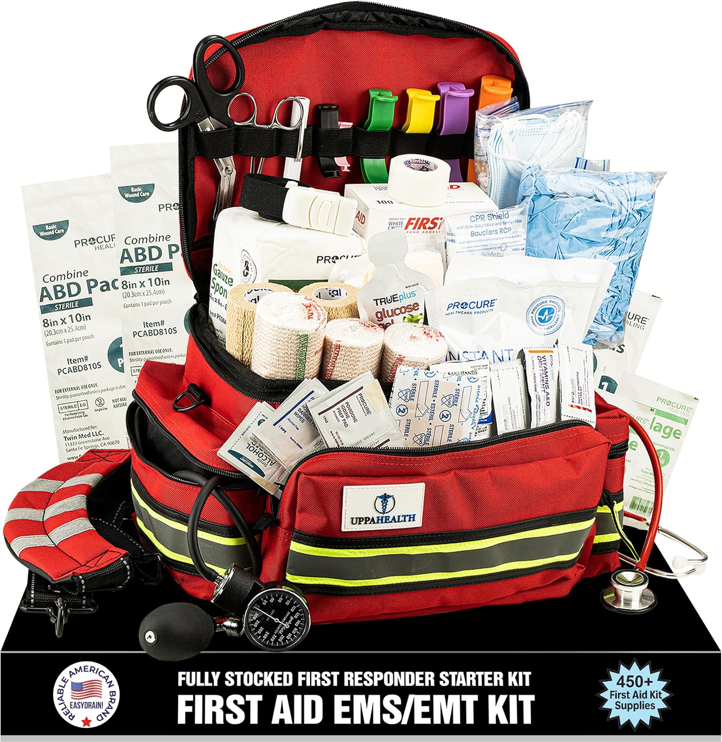First Responder Fully Stocked Trauma First Aid Kit – EMT/EMS Emergency Medical Bag with 400+ Supplies for Home, Car, Workplace & Camping
