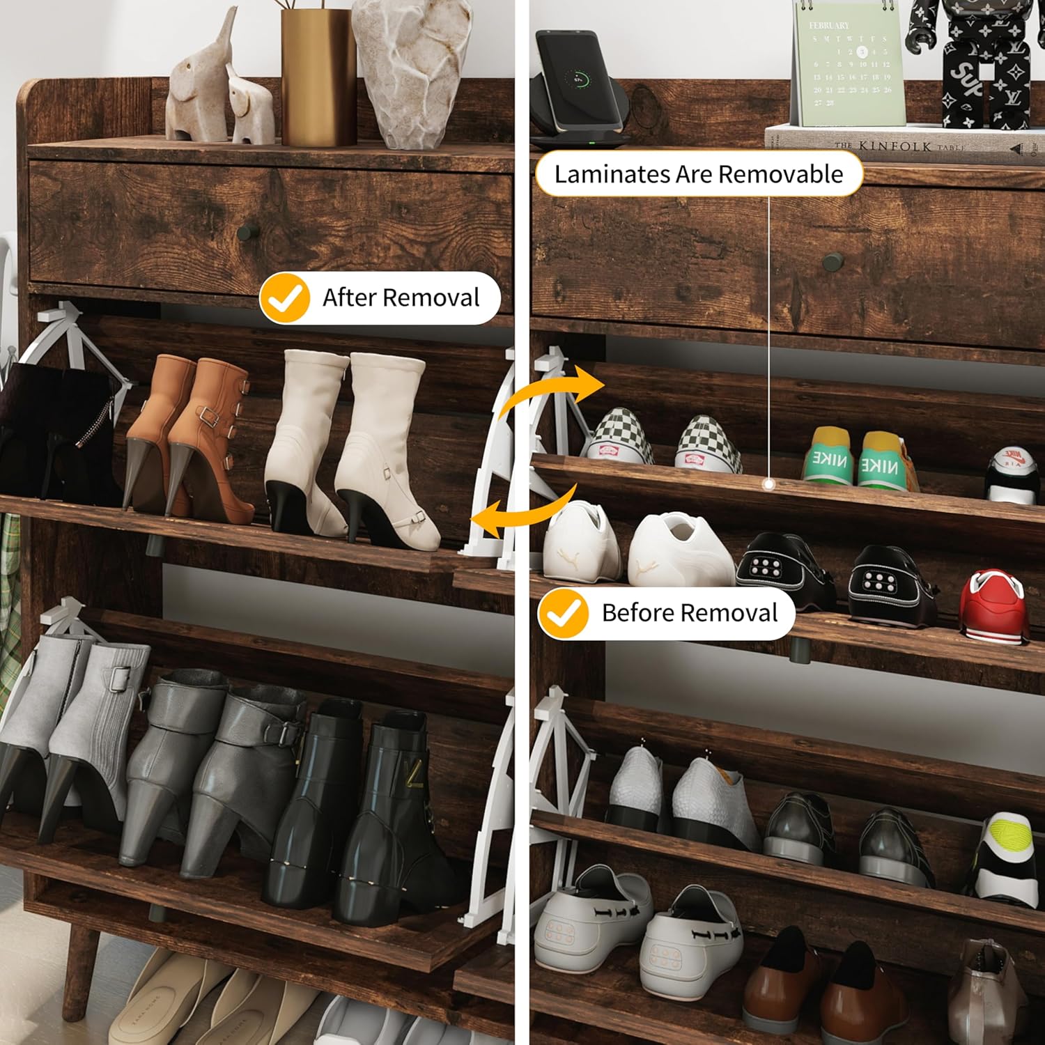 Close-up of the shoe cabinet's flip drawer showing removable laminates for adjustable storage.