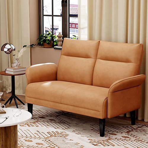Miniatura 7 de Yongchuang Sofá pequeño de 46 pulgadas, de piel sintética, color marrón, para sala de estar, dormitorio, sofá biplaza, mini sofá con reposabrazos