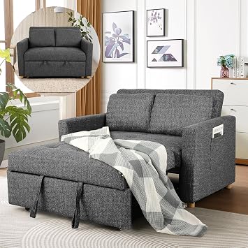 Loveseat Sleeper, 3-in-1 Convertible Sofa Bed Pull Out, Black | 49" Samll Loveseat Sofa with Adjustable Backrest, Spring Support and Pillows, Linen Fabric Futon Couch Bed for Small Spaces