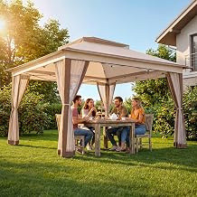 LAUSAINT HOME 11x11 Pop Up Gazebo Canopy Tent with Mosquito Netting, One-Push Instant Setup, Height Adjustable Outdoor Canopy for Backyard, Parties, BBQ, Patio Khaki & Coffee