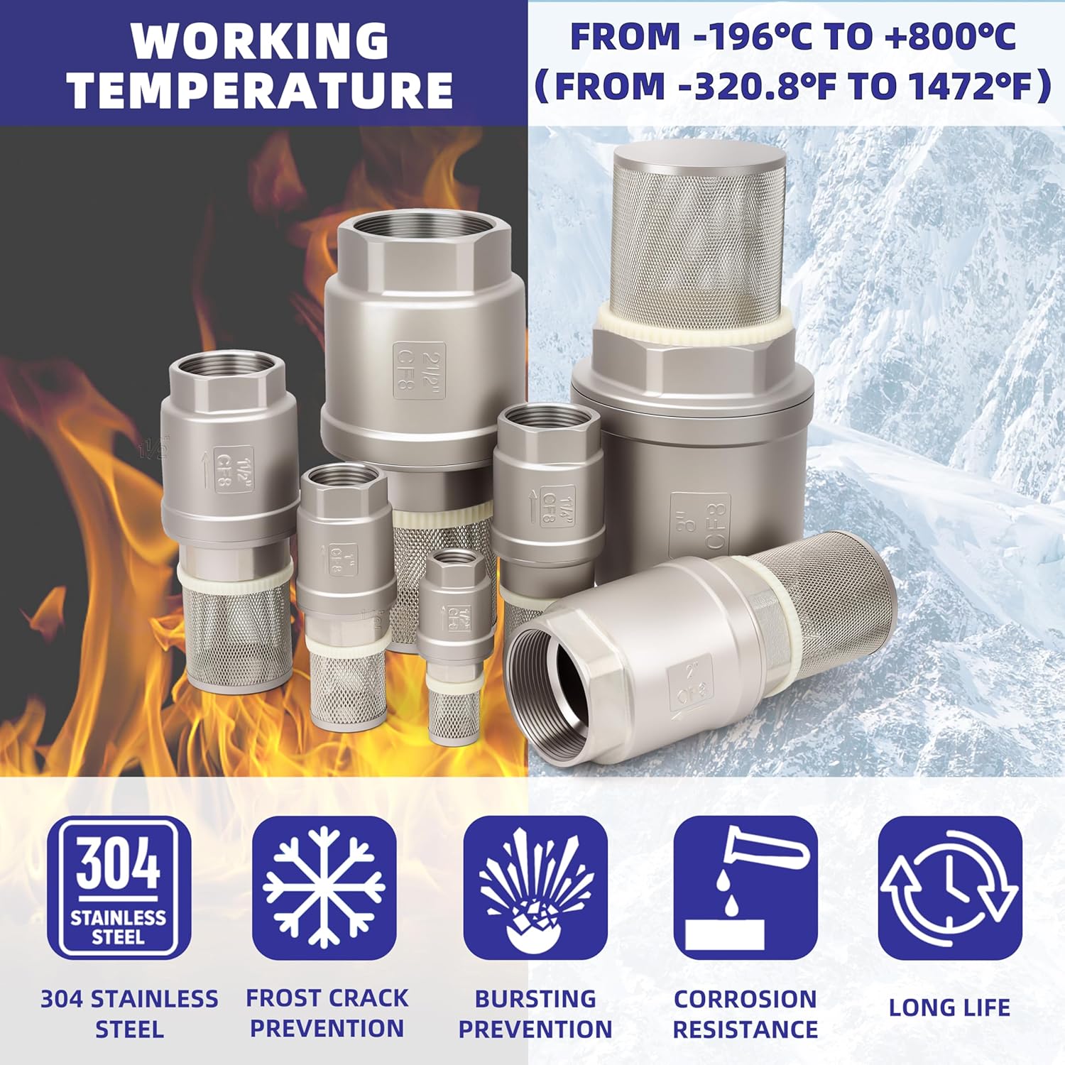 Foot Valve with Filter 1-1/2" NPT, Stainless Steel Bottom Valve, Spring Vertical Check Valve to Filter Impurities, Prevent Backflow of Media for Water Pump, Irrigation, Industrial Piping System DN40