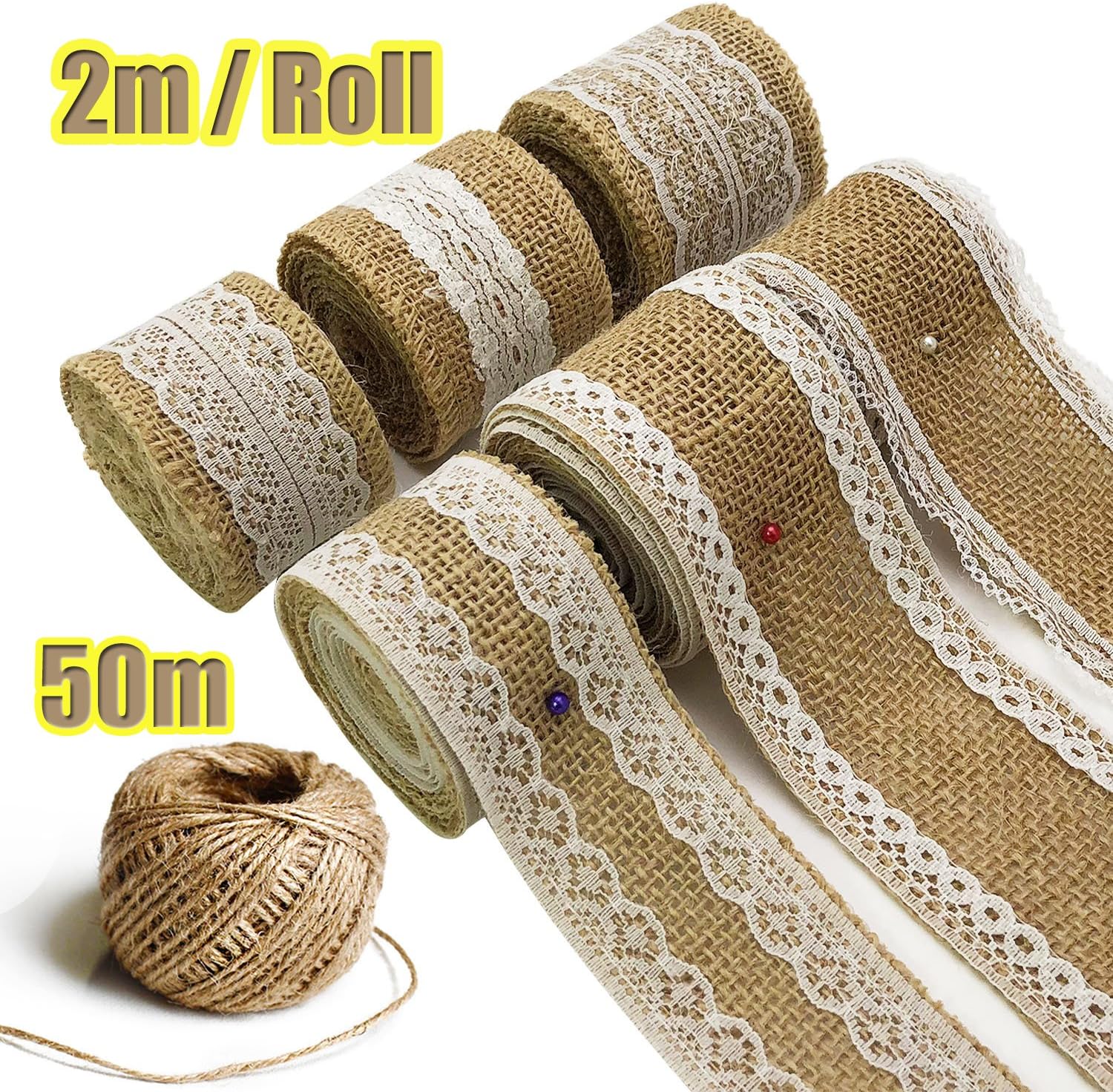 7 Rolls Hessian Ribbon - Hessian Lace Ribbon Burlap Jute Lace Ribbon Jam Jars for Rustic Wedding Decorations DIY Handmade Available in 3cm 5cm 6cm Widths and 164 Feet Jute Twine