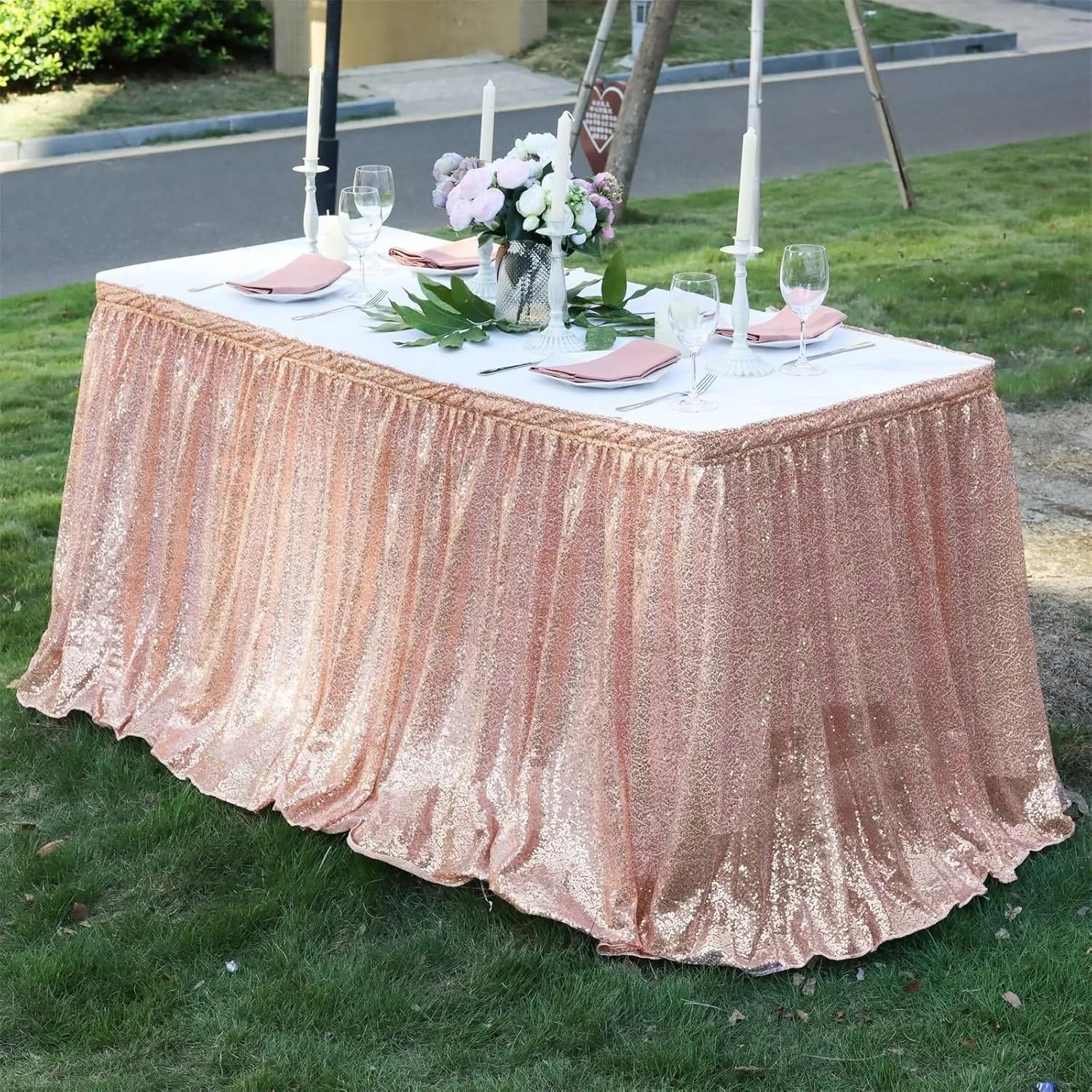Table Skirt 4/6/9/14ft Sequin Table Skirt For Round/Rectangle/Square Table For Birthday Party Wedding(White,6ft 70x183cm)