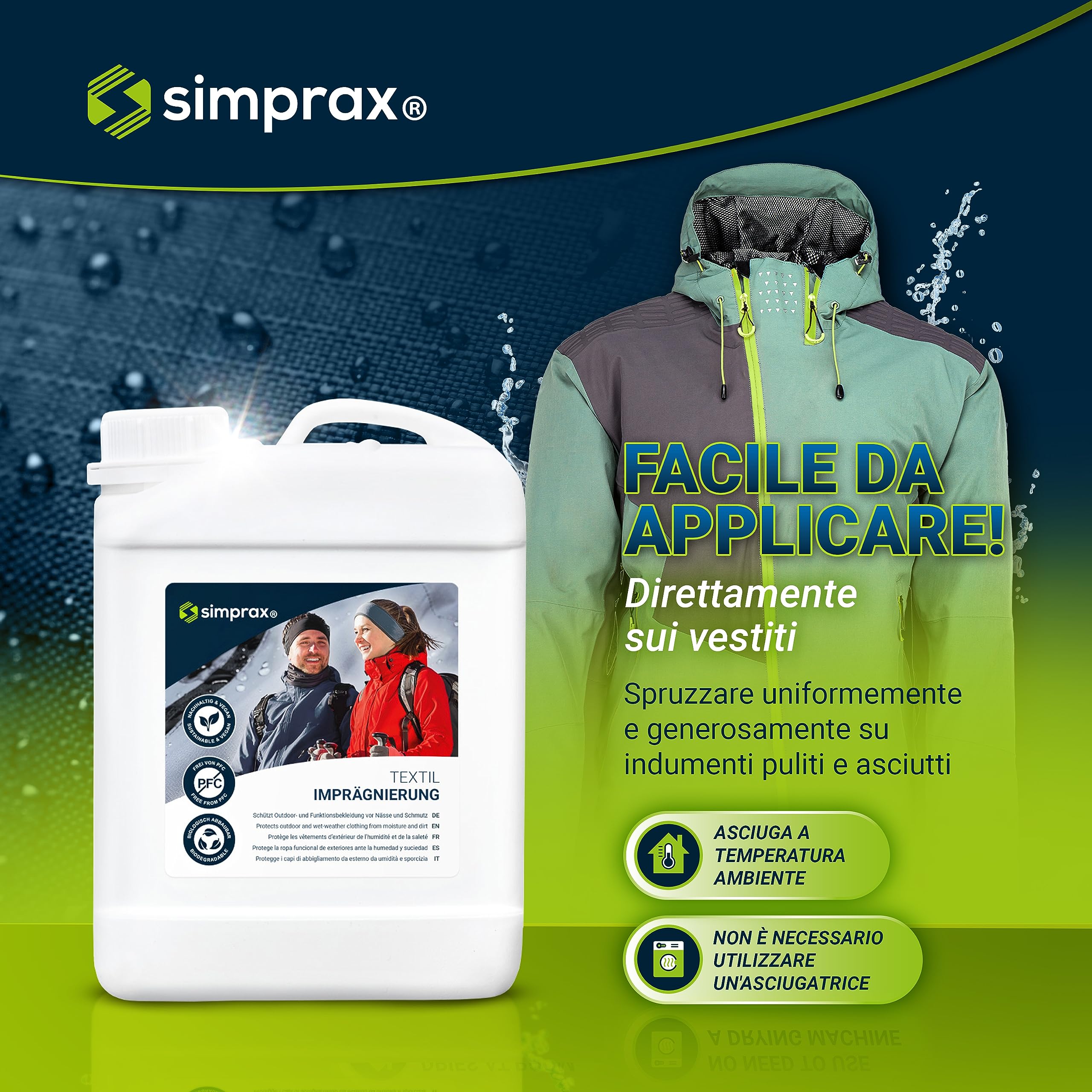 simprax® Spray impermeabilizzante per Tessuti di Lunga Durata - Speciale PE per Tessuti Outdoor e Funzionali Gore-Tex, Sympatex, Softshell - Oeko-Tex, Certificato GOTS, Senza propellenti