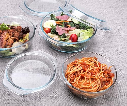 Miniatura 5 de Juego de 6 cacerolas redondas de vidrio templado con tapas, cazuela de vidrio para horno, congelador y lavavajillas - 0.7QT+1QT+1.5QT