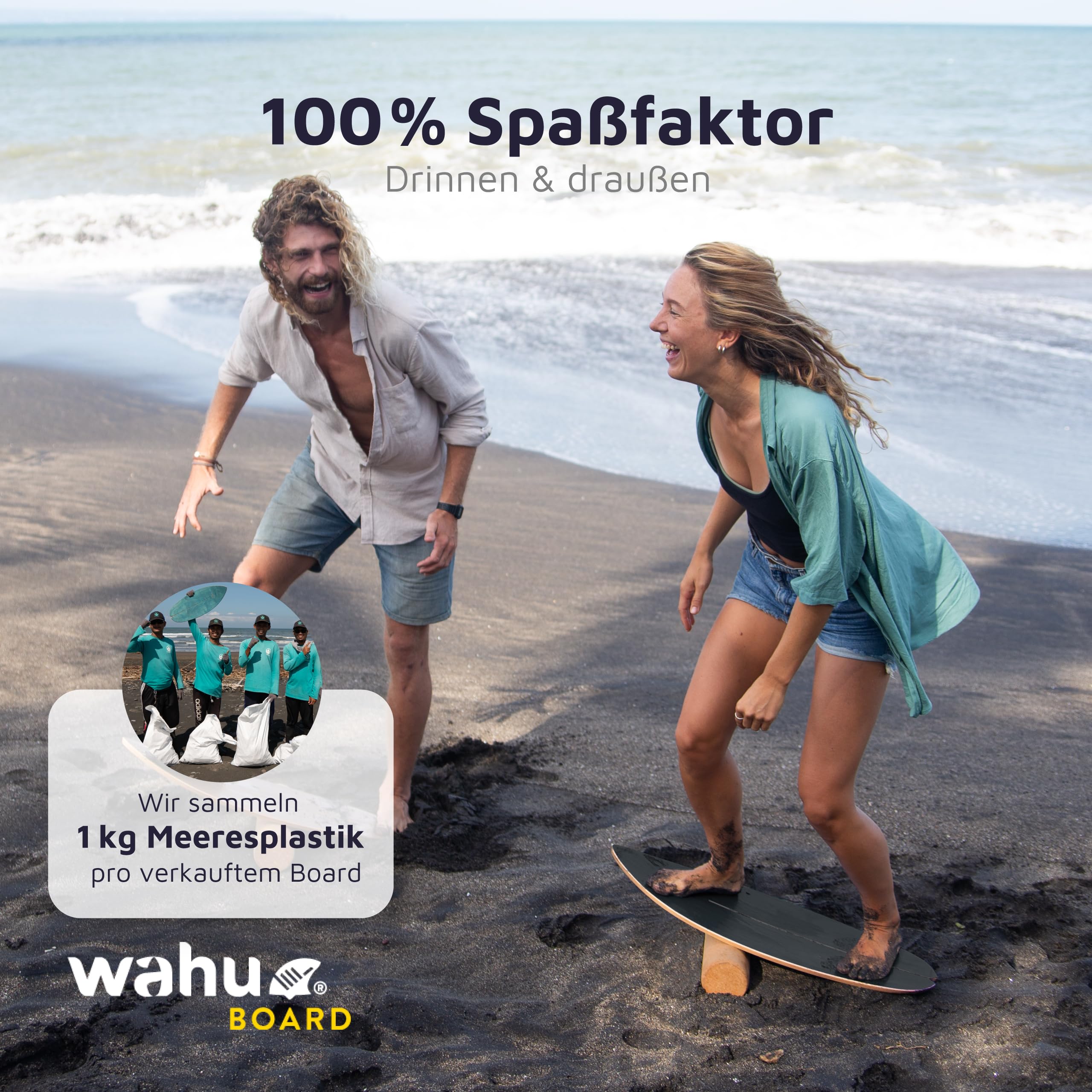 WAHU Balance Board Black Schwarz | 3in1 Set | Surf Balance Board aus 100% Holz mit Rocker Shape & Rolle | Gleichgewichtstrainer für Kinder & Erwachsene | Fitness & Spaß Zuhause