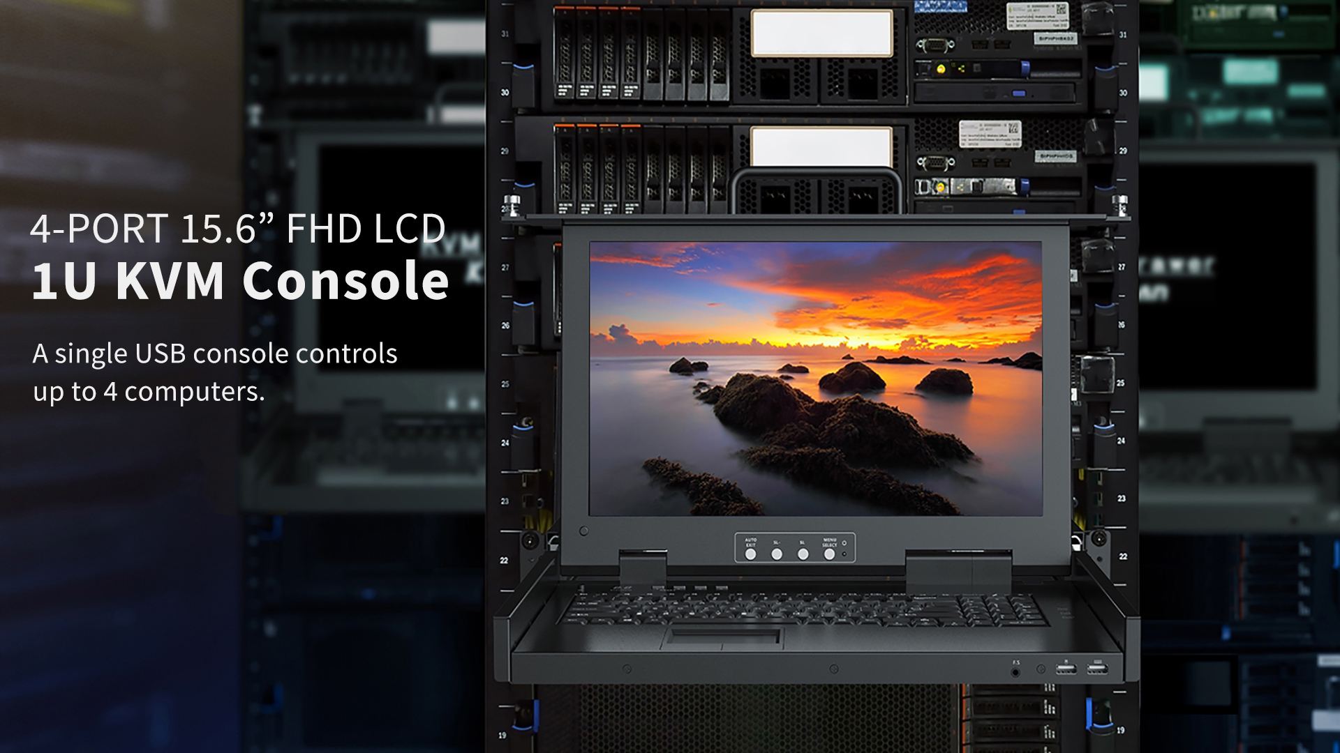Image of 4 Port Rack Mount KVM Console with 15.6'' 1080P Monitor, 1U VGA KVM Switch Drawer for 24-Inch Deep Network Cabinet,OSD Hotkey Button Switching,Compatible with Windows,Linux,Mac,Sun,etc,Cables Included