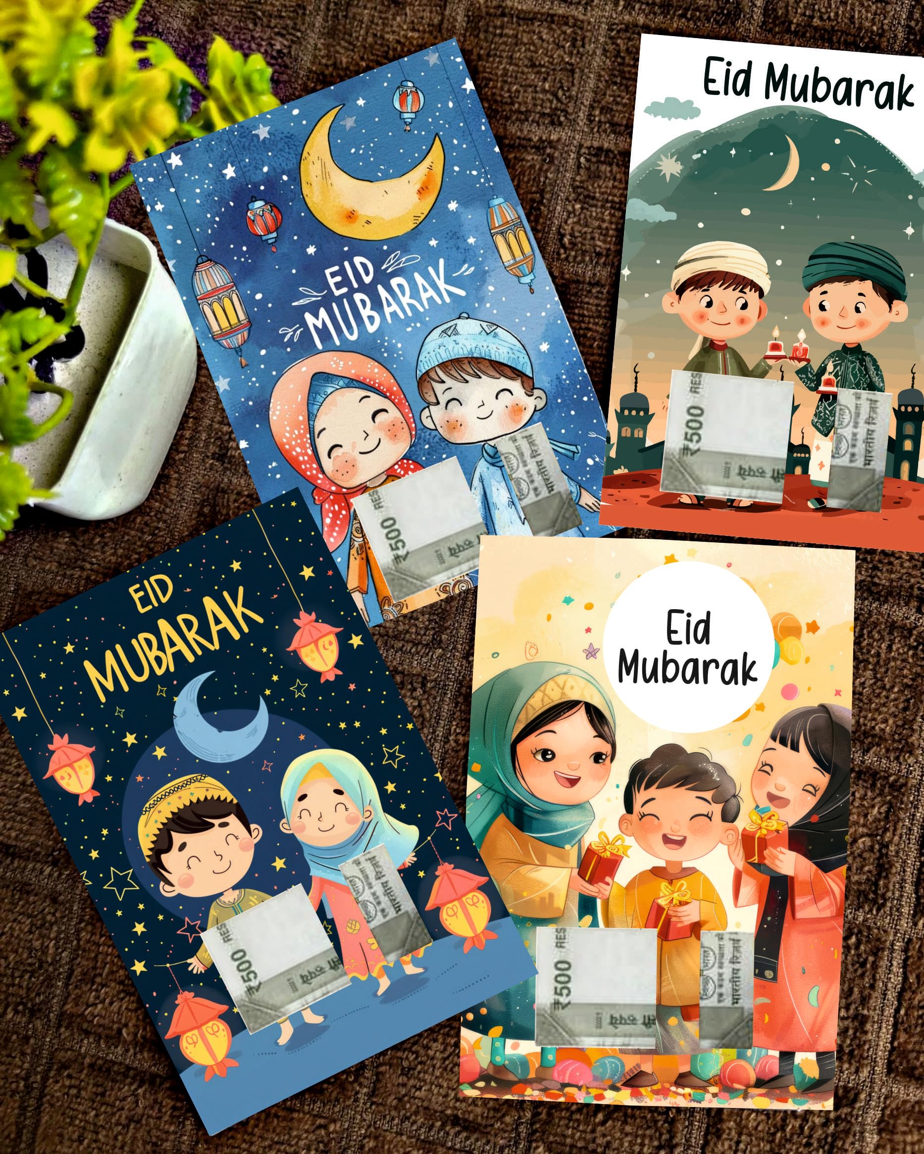 Pack of 20 Eid Mubarak Eidi Cards with currency note slots and space for names, perfect for gifting. Celebrate Eid with a personal touch for kids and loved ones!