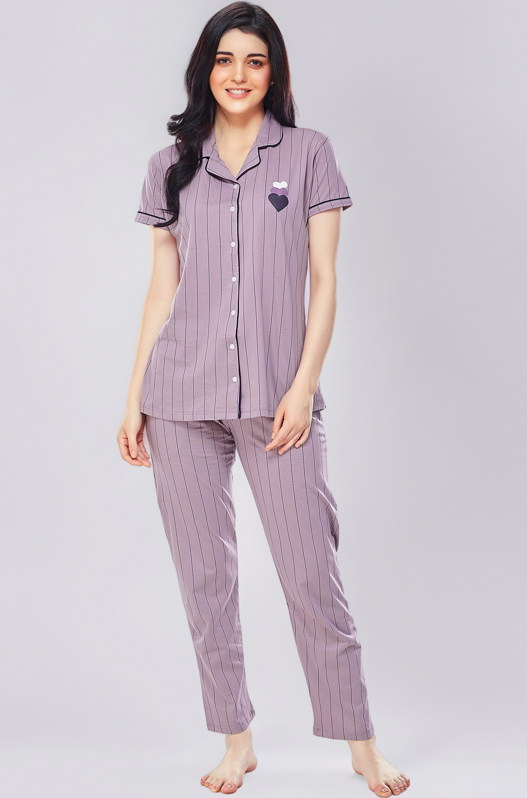Women's Cotton Strip Printed Night Suit Set of Shirt & Pyjama 5261 (Available in Plus Size)