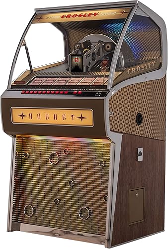 Crosley CR1210A-OA Rocket - Jukebox de vinilo de tamaño completo con Bluetooth, capacidad para 70 discos de vinilo de 45 RPM, color roble