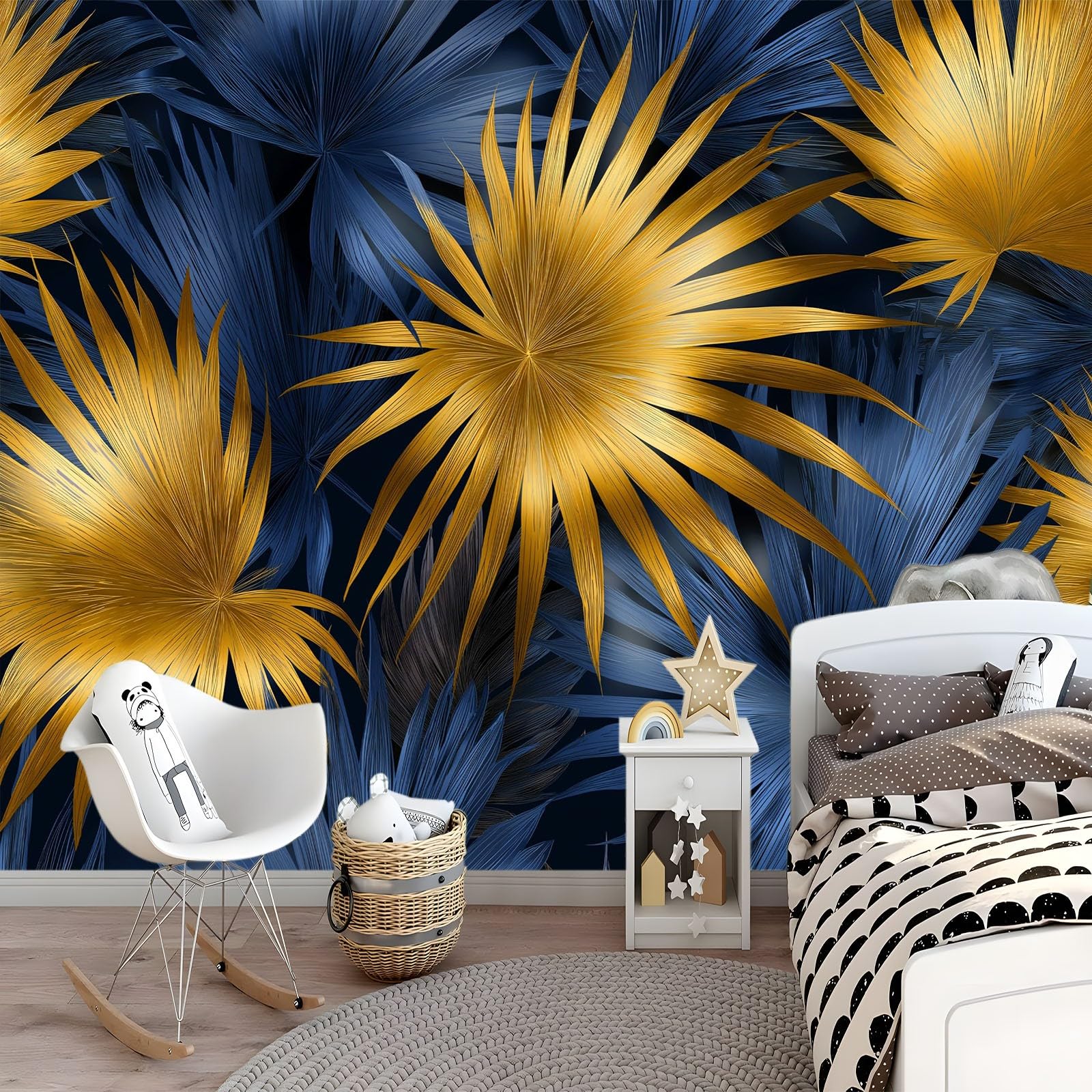 Générique Nowoczesna panoramiczna tapeta botaniczne liście palmowe moda czarny tusz 250 x 175 cm - nowoczesny gobelin ścienny z włókniny do salonu, sypialni lub pokoju dziecięcego