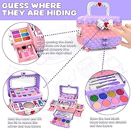 54 Pcs Kids Makeup Kit for Girls, Princess Real Washable Pretend Play Cosmetic Set Toys with Mirror, Birthday Gifts for 3 4 5 6 7 8 9 10+Years Old Girls Kids (Light Purple)