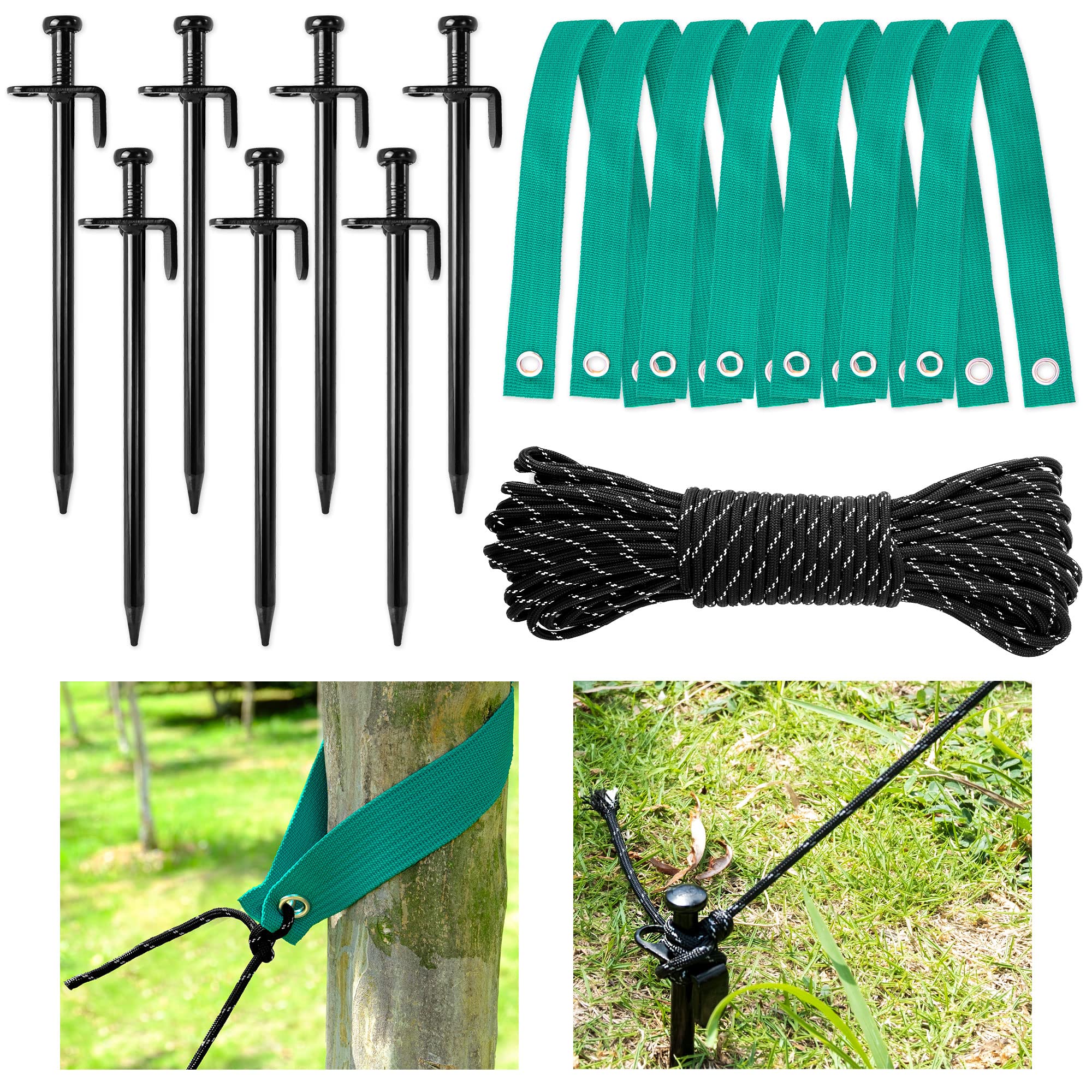 15 robuste Stahl-Baumpfähle-Sets mit Baumgurten und 15,2 m reflektierendem Seil, Baumstütze, Verankerungs-Set, Stützen für anlehnenden Baum