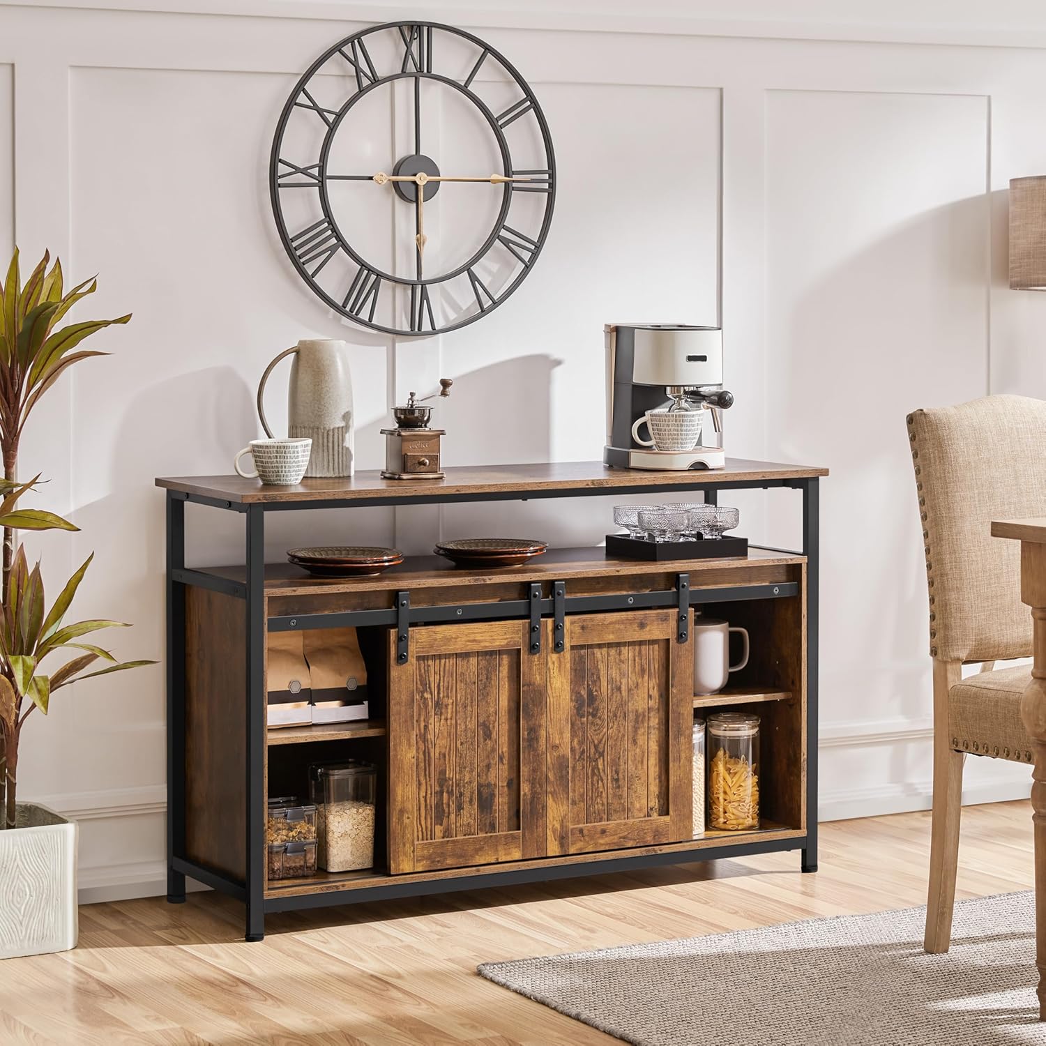 Topeakmart Sideboard Buffet Cabinet, Kitchen Storage Cabinet with 2 Sliding Barn Doors & Adjustable Shelves for Living Room, Dining Room, Rustic Brown