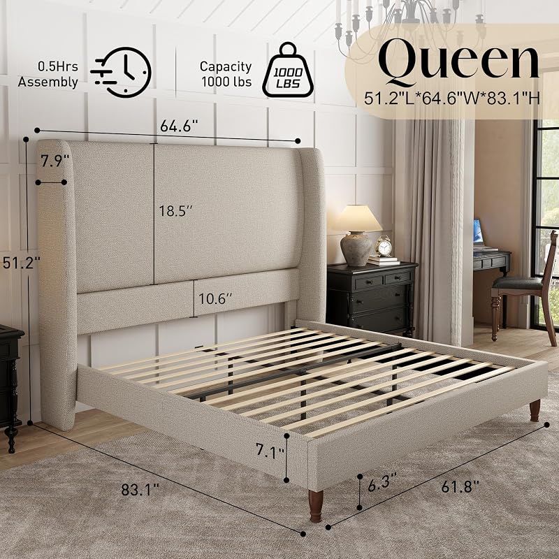 PaPaJet Queen Bed Frame 51.2" Tall Wingback Headboard Upholstered,Khaki image 2