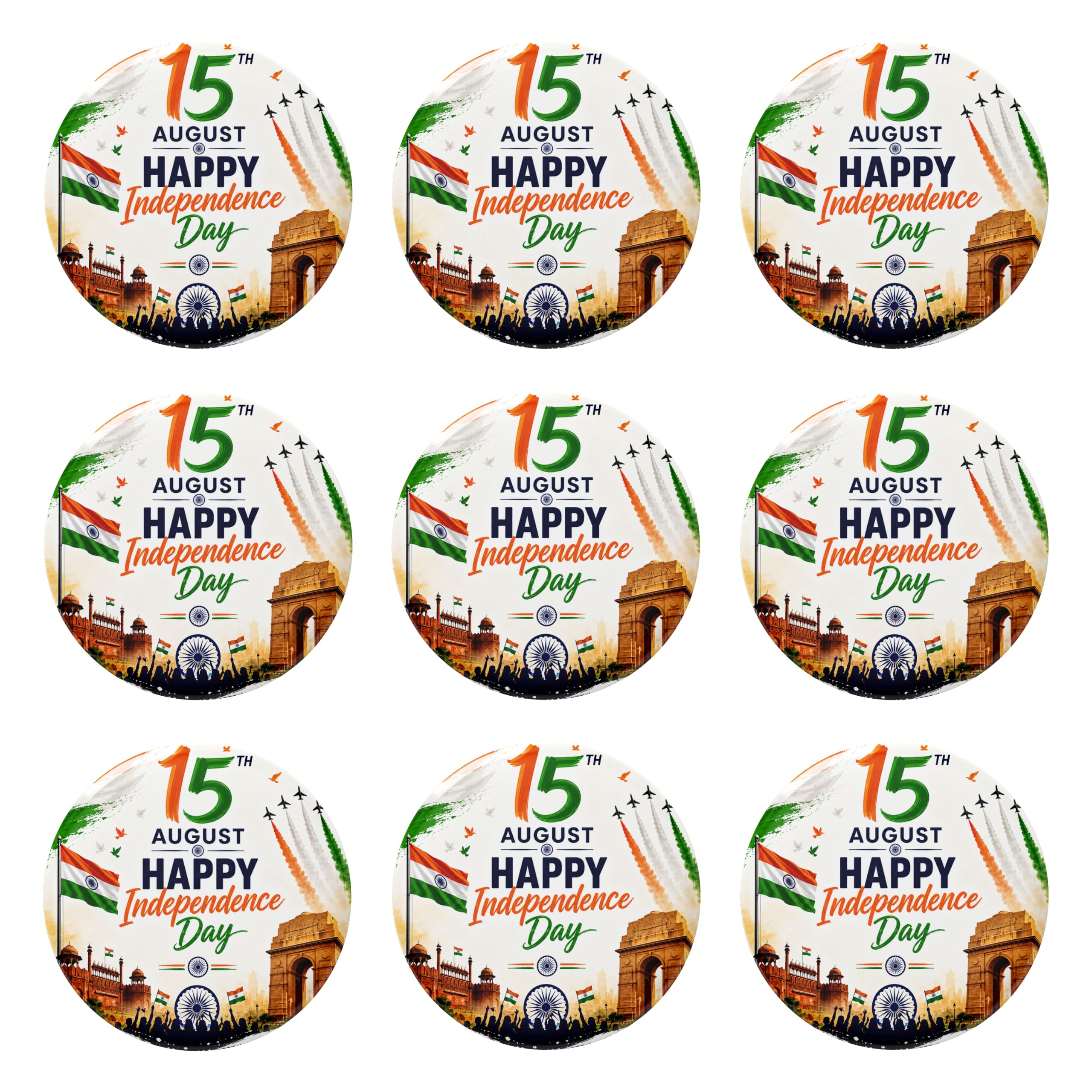 15 August Happy Independence Day Pin Badges 58mm – Pack of 9 | Indian Flag Tricolour Button Badges for School, Office, Events, Volunteers, Kids & Independence Day Celebration-image-23