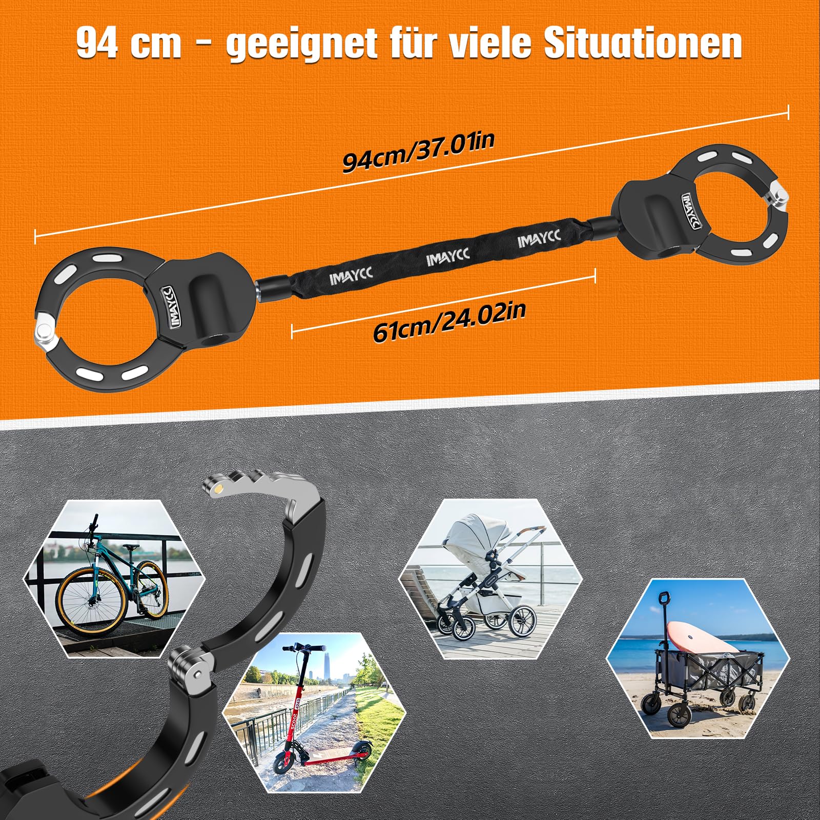 IMAYCC E Scooter Schloss,94cm Handschellenschloss mit Aufhängetasche, Sicheres Fahrradschloss aus gehärtetem Stahl, Diebstahlschutz für E-Scooter, Elektrofahrrad, Motorrad, Roller