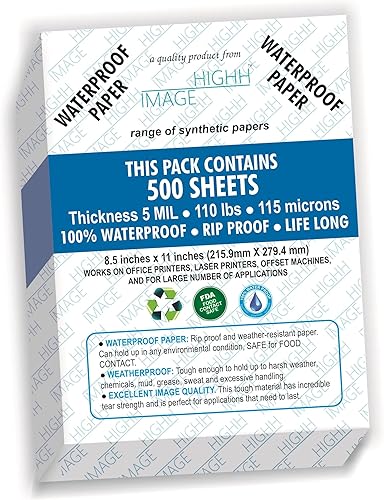 Papel impermeable Paquete de 500 hojas de papel a granel sin desgarro para impresoras láser, 5 mil, 110 libras, papel sintético de doble cara, 8.5