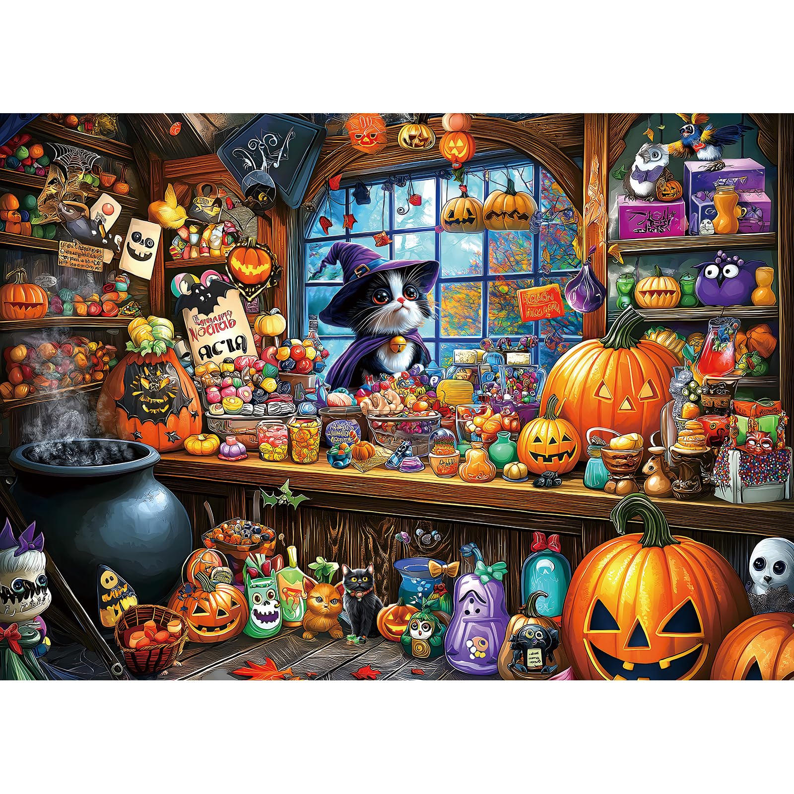 Halloween Witch Cat 1000 Piece Puzzle for Adults Halloween Candy Store Jigsaw Puzzle Spooky Treats Scene Challenging Impossible Puzzle Fun Games for Adults &amp; Family Game Night