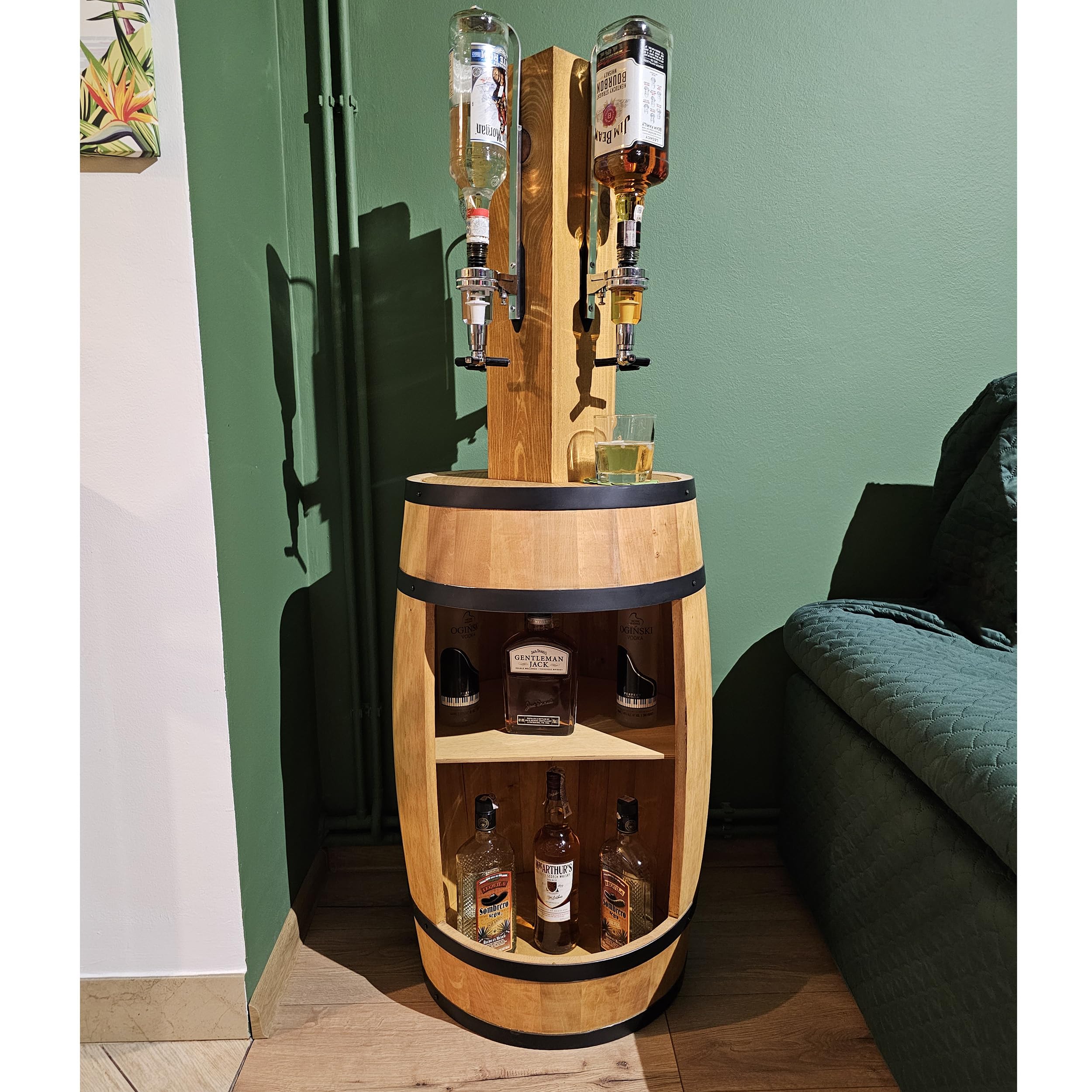 CREATIVE COOPER Juego de un barril de vino de madera con estante y un soporte para alcohol con 4 vertedores de roble