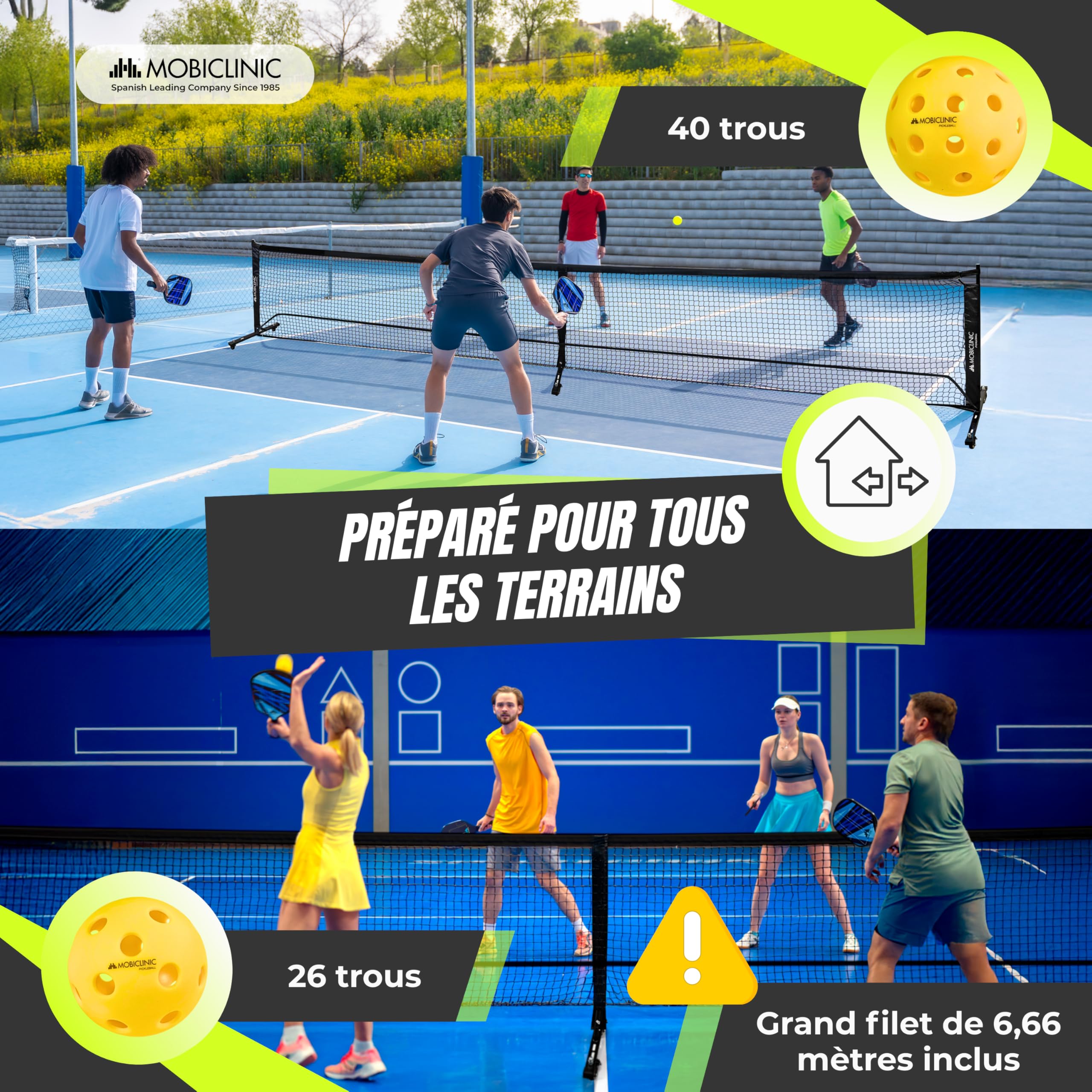 Mobiclinic®, Ensemble de Pickleball, Raquettes en Fibre de Verre, Balles D'intérieur et D'extérieur, Sac de Transport, Noyau en Polypropylène Alvéolé, Grip (4 Raquettes + 8 balles + Filet)