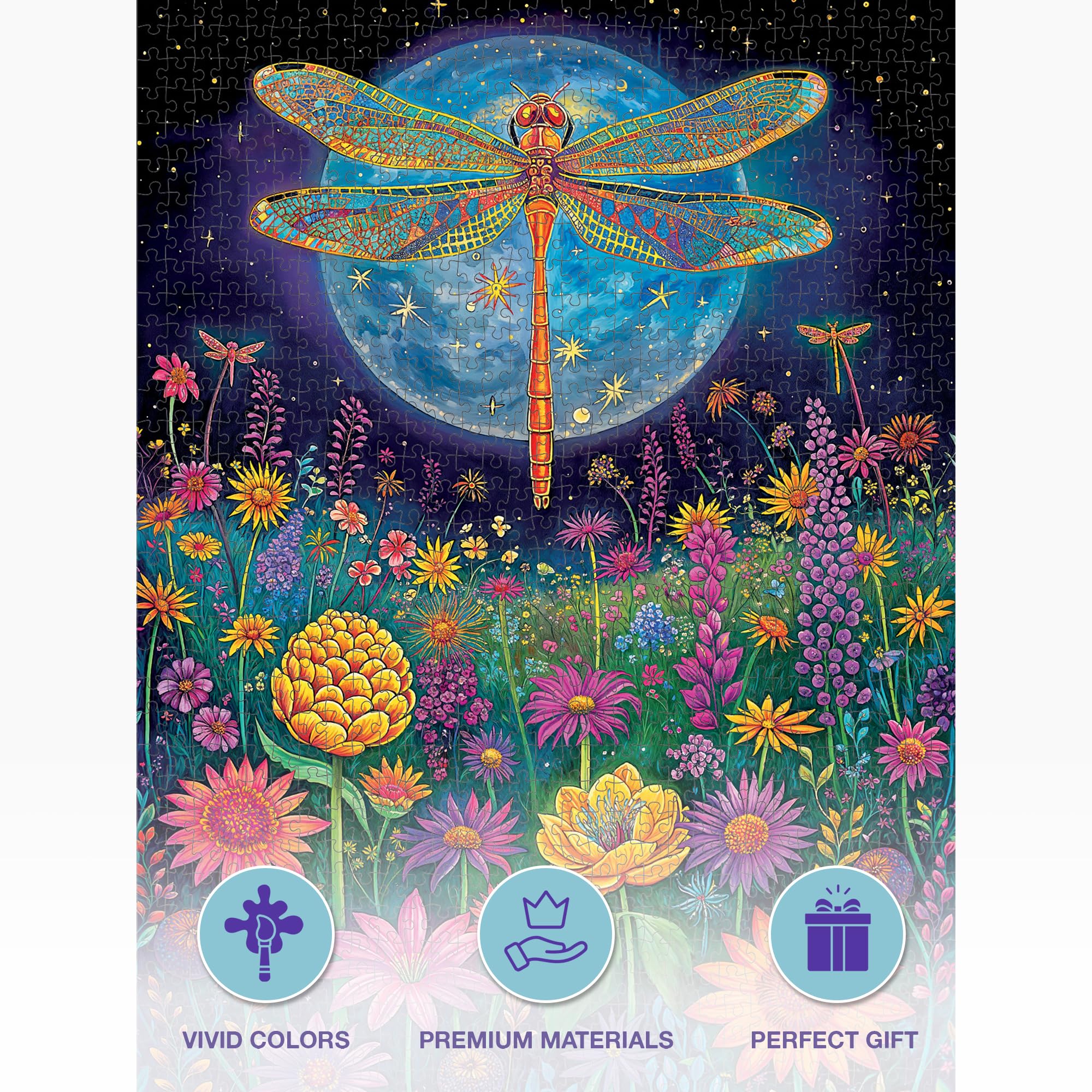 Cross & Glory - 1000 Piece Jigsaw Puzzle for Adults | Lunar Symphony: The Dragonfly’s Tale | Best New Enchanted Nature Puzzle | Vibrant Nighttime Artwork| 20x27 Inches | Flower Puzzle