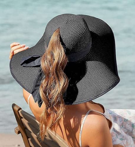 Miniatura 2 de Sombreros de sol para mujer con agujero para cola de caballo, sombreros de playa de ala ancha para mujer, sombrero de paja flexible plegable,