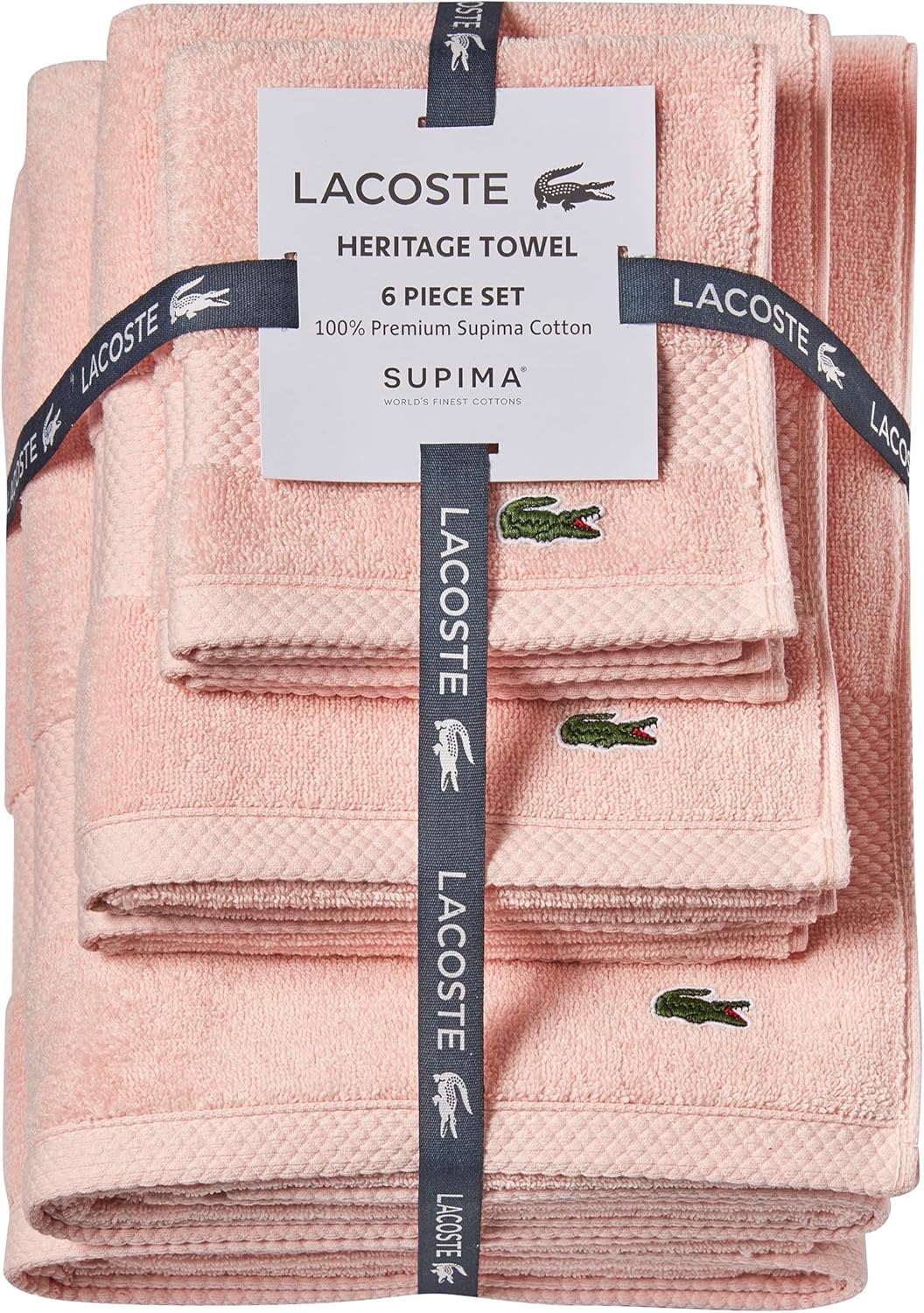 Lacoste Heritage Anti-Microbial Supima Cotton 6-Piece Towel Set, 2 Bath Towels, 2 Hand Towels, 2 Washcloths, Light Pink – Highly Absorbent & Quick Drying, Bathroom Essential, Machine Washable