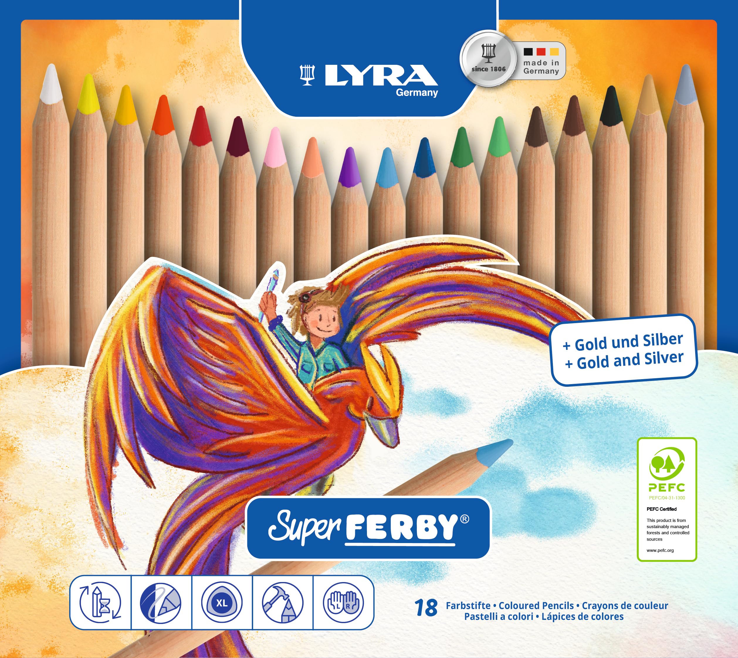 LYRA Super Ferby Giant Triangular Colored Pencil, Unlacquered, 6.25 Millimeter Cores, Assorted Colors, 18-Pack (3711180)