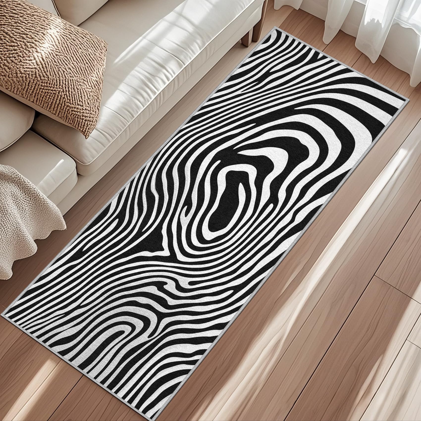 Generisch Zebra Print Läufer Teppich Flur 60x180cm Waschbar Schwarz Weiß Teppichläufer rutschfest Kurzflor Teppich Läufer für Eingang, küche, Schlafzimmer, Wohnzimmer, Korridor