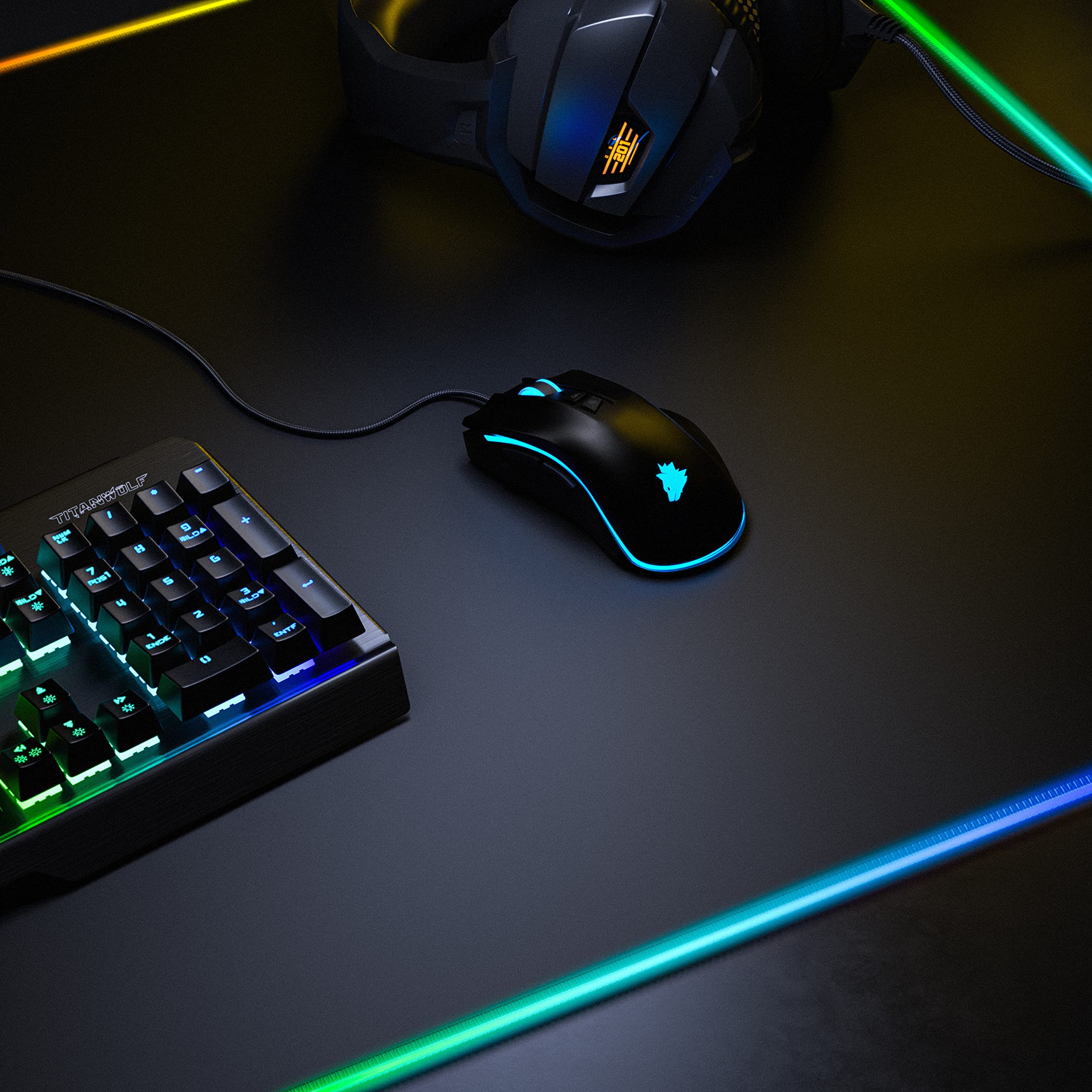 TITANWOLF RGB Tapis de Souris Gaming XXL 120 x 60 cm, LED Lumineuse Tapis de Souris Multicolore 11 Modes, Mouse pad1200 x 600mm, Surface antidérapante pour Les Gamers sur PC et Mac, Noir