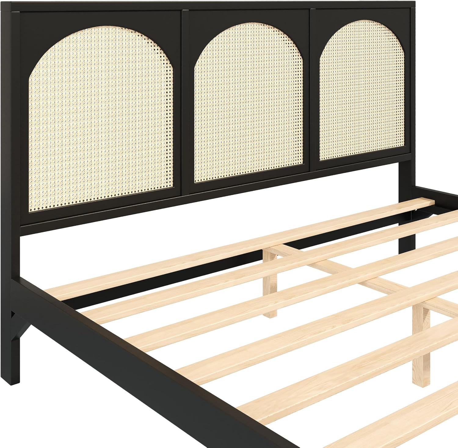 Wood Bed Frame with Rattan Headboard and Footboard,King Size Platform Bed with Under-Bed Space,Mid Century Modern Bed Frame for Bedroom Guest Room,No Box Spring Needed,Black Beige