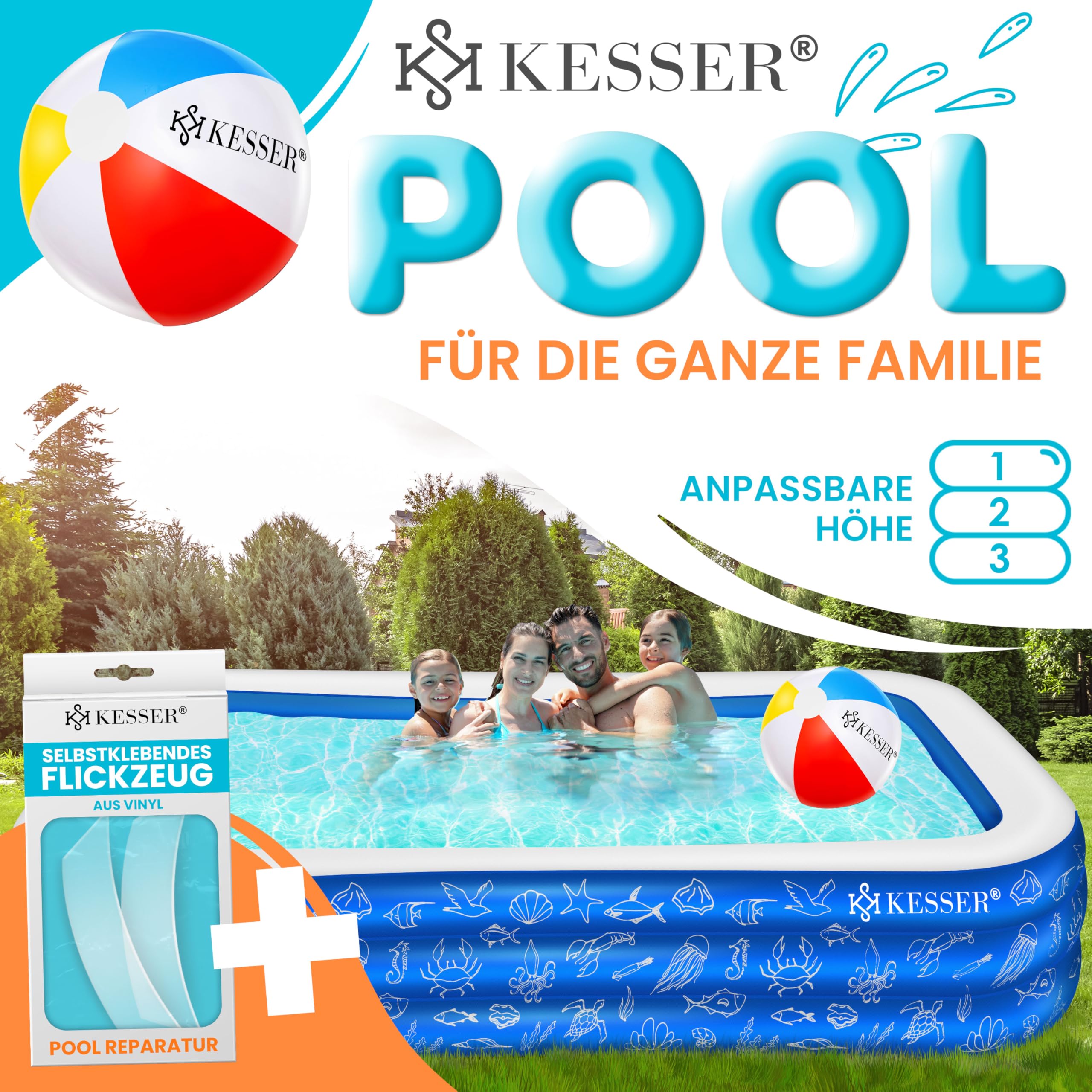 KESSER® Piscine gonflable familiale pour enfants et adultes Piscine de jardin Piscine familiale Piscine d'été 305 x 183 x 56 cm Pataugeoire 1180 l Convient aux enfants Avec kit de réparation et balle