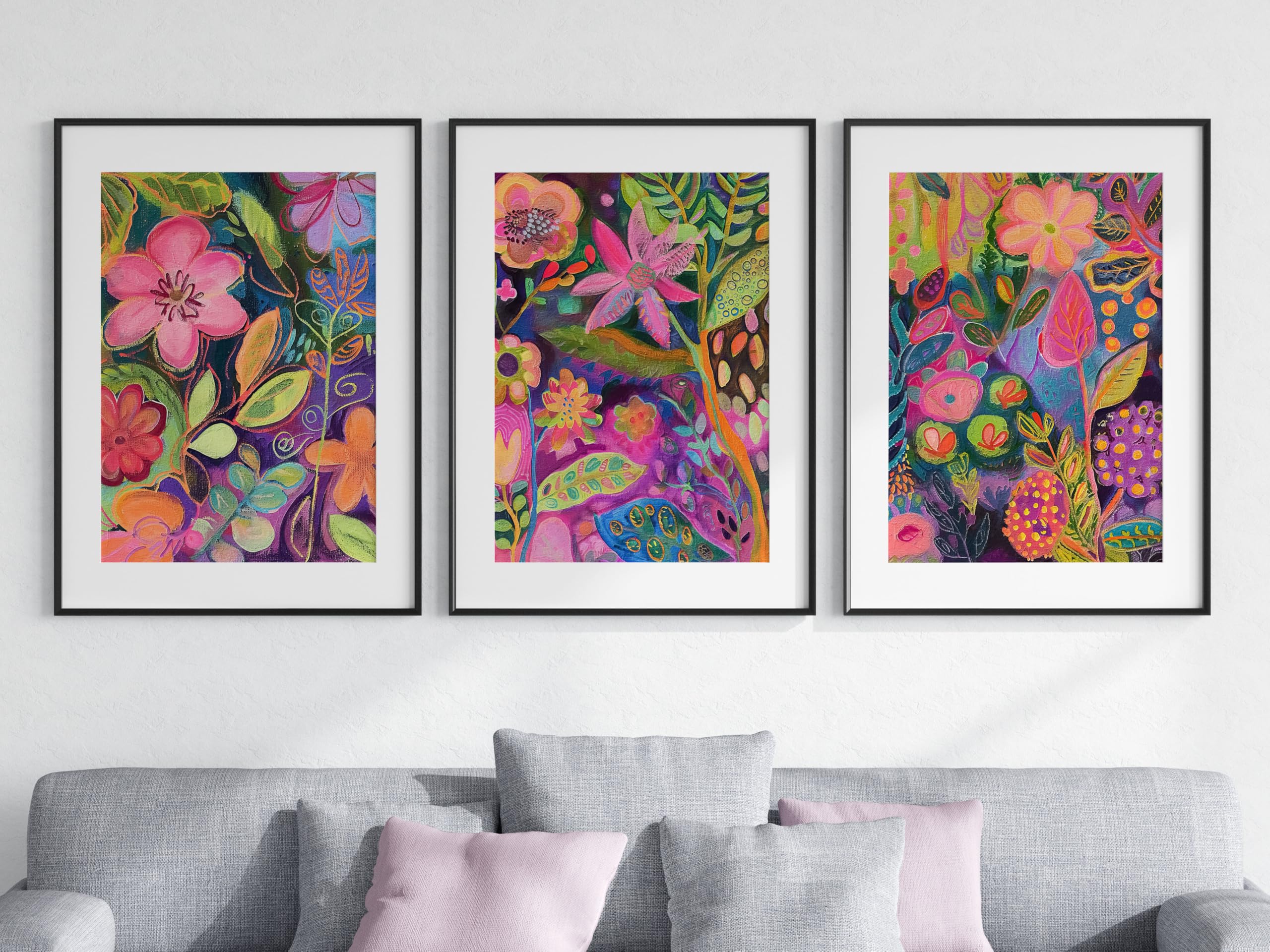 Abstract Bright Botanical Garden Set of 3 Unframed Poster Prints, Home Decor, Modern Wall Art, Groovy Retro Style Botanical Art, Pink Green Yellow (A3) โ image 1
