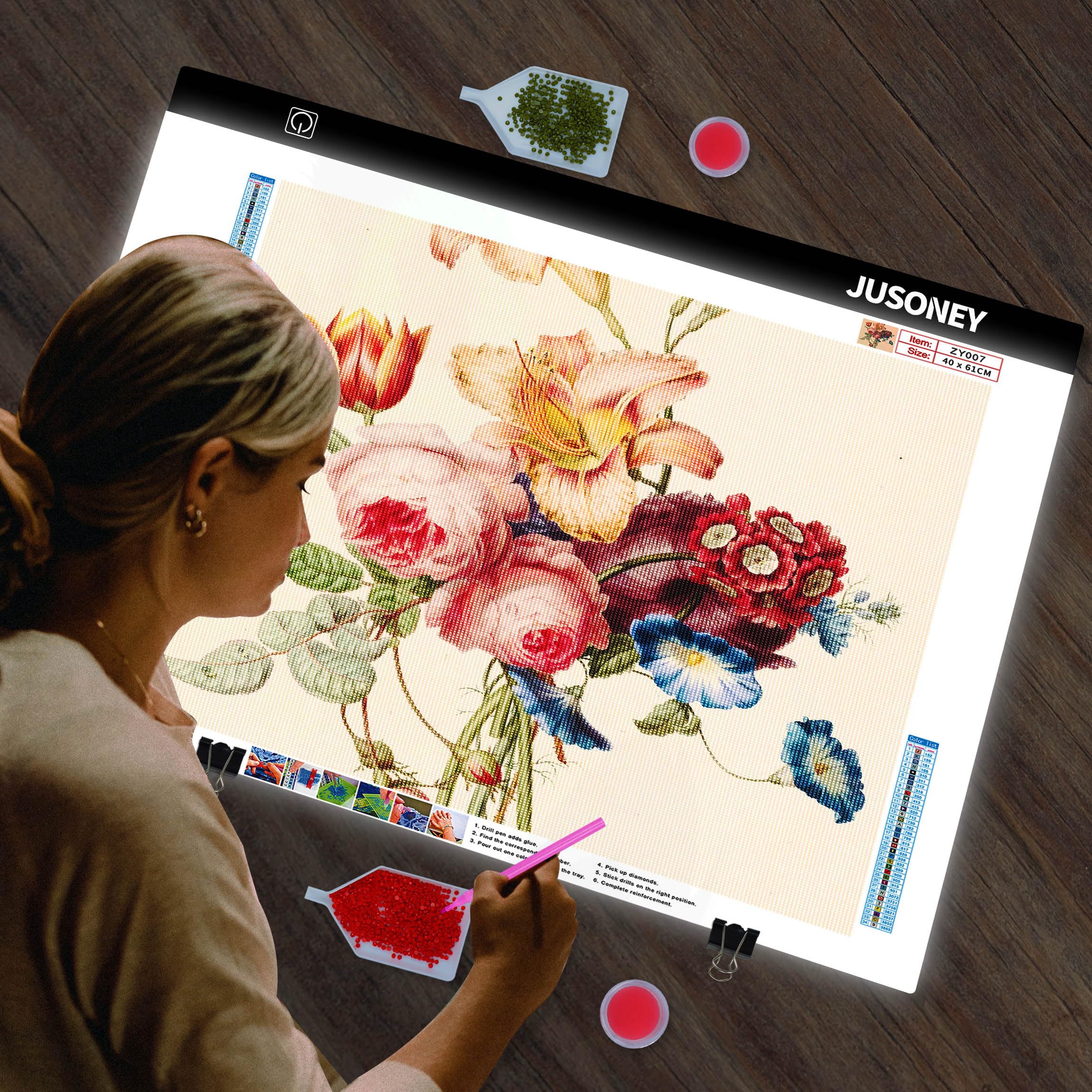 JUSONEY Diamond Painting Leuchttisch A2 Light Pad Zubehör Zeichentisch zum Zeichnen Skizzieren Malen Animation mit 4 Befestigungsclips