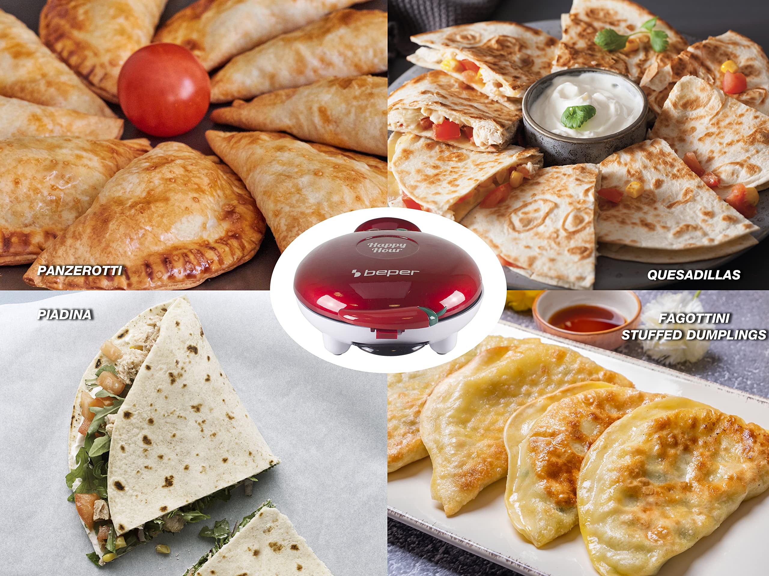 BEPER P101CUD600 Appareil à apéritif Happy Hour - Prépare des quesadillas, des panzerotti, des boulettes sucrées et salées en quelques minutes, Rouge