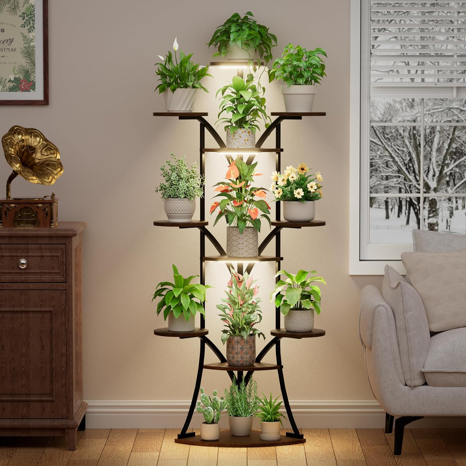 Plant Stand Indoor with Grow Lights-63'' Tall Plant Shelf, Corner Plant Stands for Indoor Growing, Tiered Plant Shelves Large Flower Holder for Indoor Plants, V-Shaped Decorative Rack for Home, Black