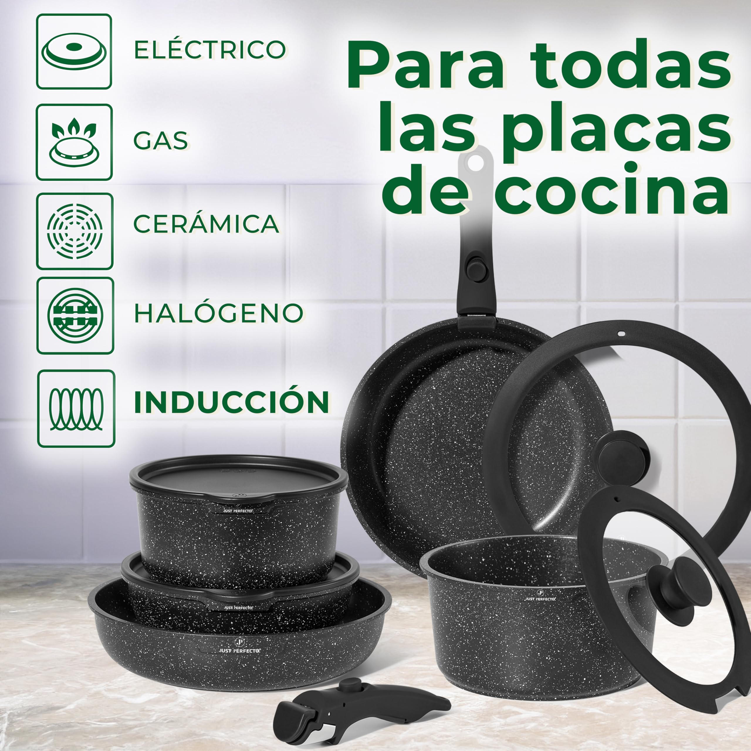 Just Perfecto Juego de utensilios de cocina antiadherentes con Mango Extraíble 11 Piezas, Menaje de Cocina con Tapas, Para Todo Tipo de Cocinas y Horno, apto Lavavajillas y Horno, Sin PFOA (Black)