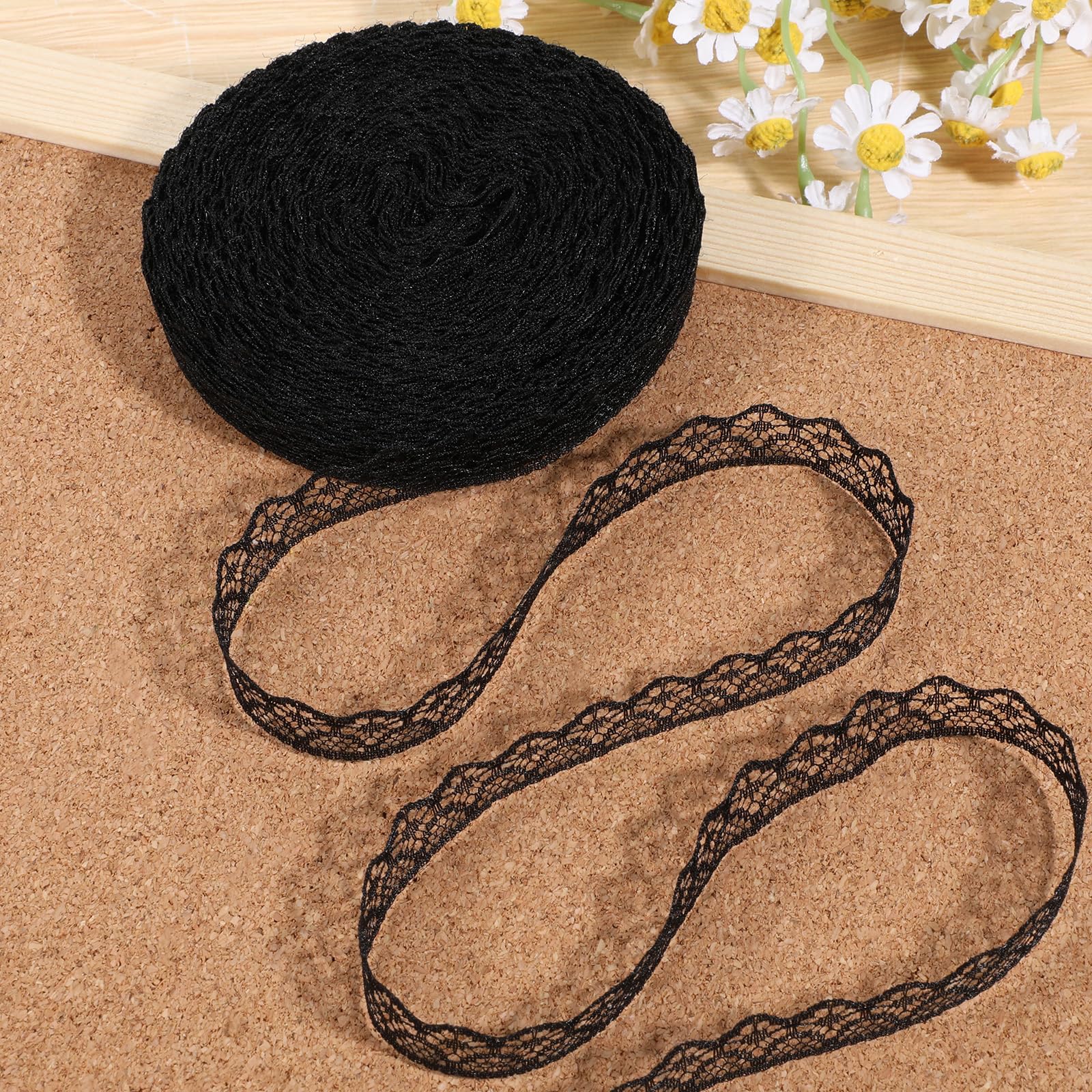 30 Yards Black Lace Ribbon Roll 0.6 Inch Wide Flower Fabric Lace Trim Roll Sewing Crafts Trim Ribbon for Wedding Decoration, Bouquet, and Gift Packaging