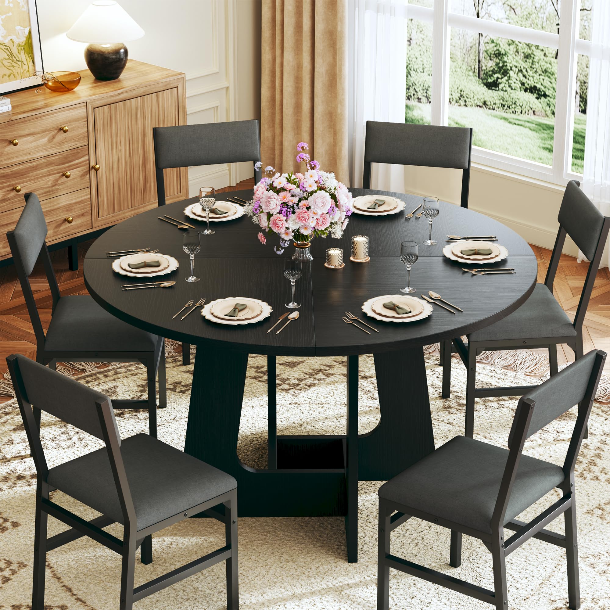HUAHUU 47-inch round dining table set for 6 in black