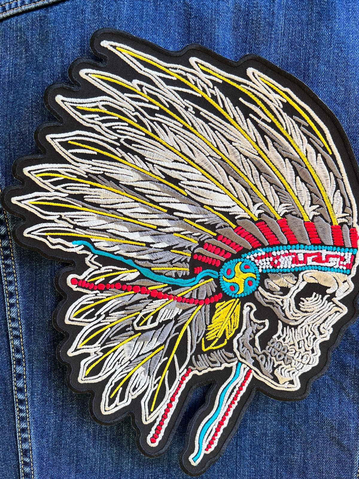 Patch Brodé Indien Tête De Mort 24x24 Cm - Écusson à Coudre Ou Thermocollant Pour Blouson Motard