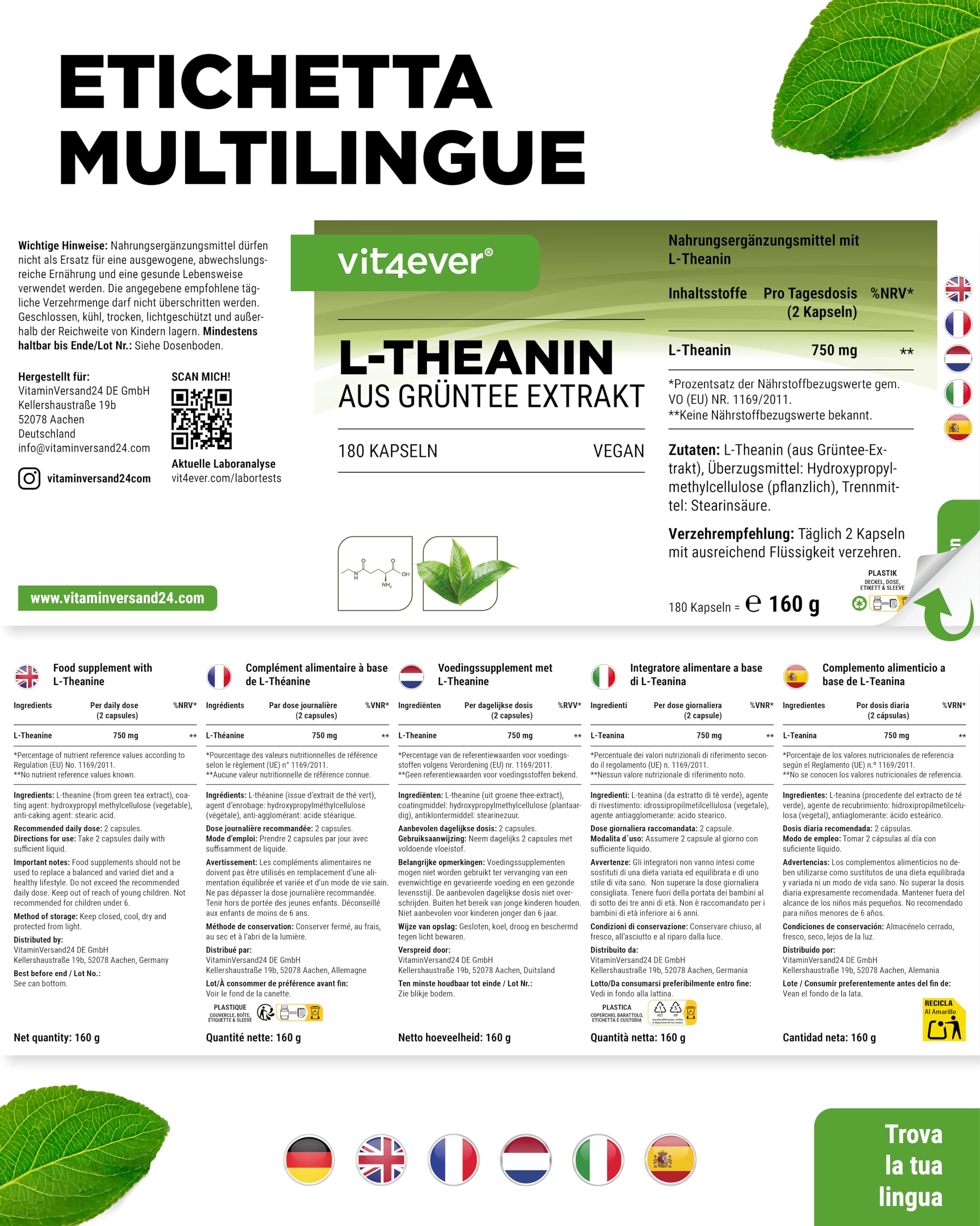 L-Teanina - 180 capsule - 750 mg per dose giornaliera - Da estratto naturale di tè verde - Alta dose - Vegana