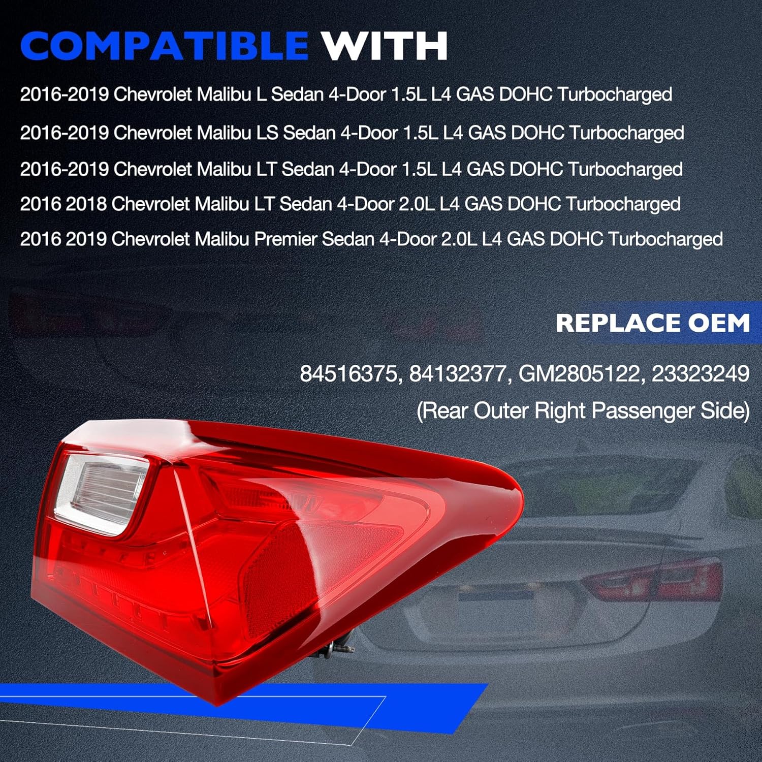 Taillights, Compatible with 2016-19 Chevy Malibu L LS LT RS Premier Tail lamps, Replace 84516375 84132377 Brake Turn Signal Lighting Tail Lamps - Rear Right Passenger Outer Side RH