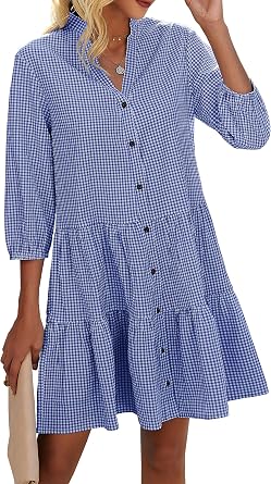 CCTOO Womens Summer Dresses Casual V Neck Button Down 3/4 Sleeve Floral Print Loose Flowy Shirt Dress