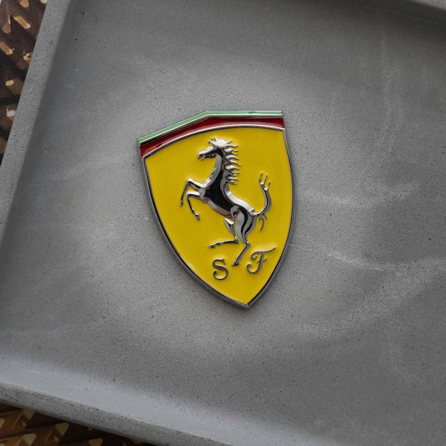 3D Emblem Sticker for Ferrari Fans – 3" x 2.5" Yellow and Chrome Resin Badge for Universal Application