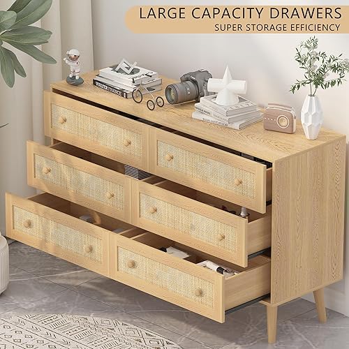 Miniatura 3 de Cómoda de ratán para dormitorio, cómoda moderna de 6 cajones y cómoda, cómoda bohemia natural con asas, organizador de almacenamiento de madera,