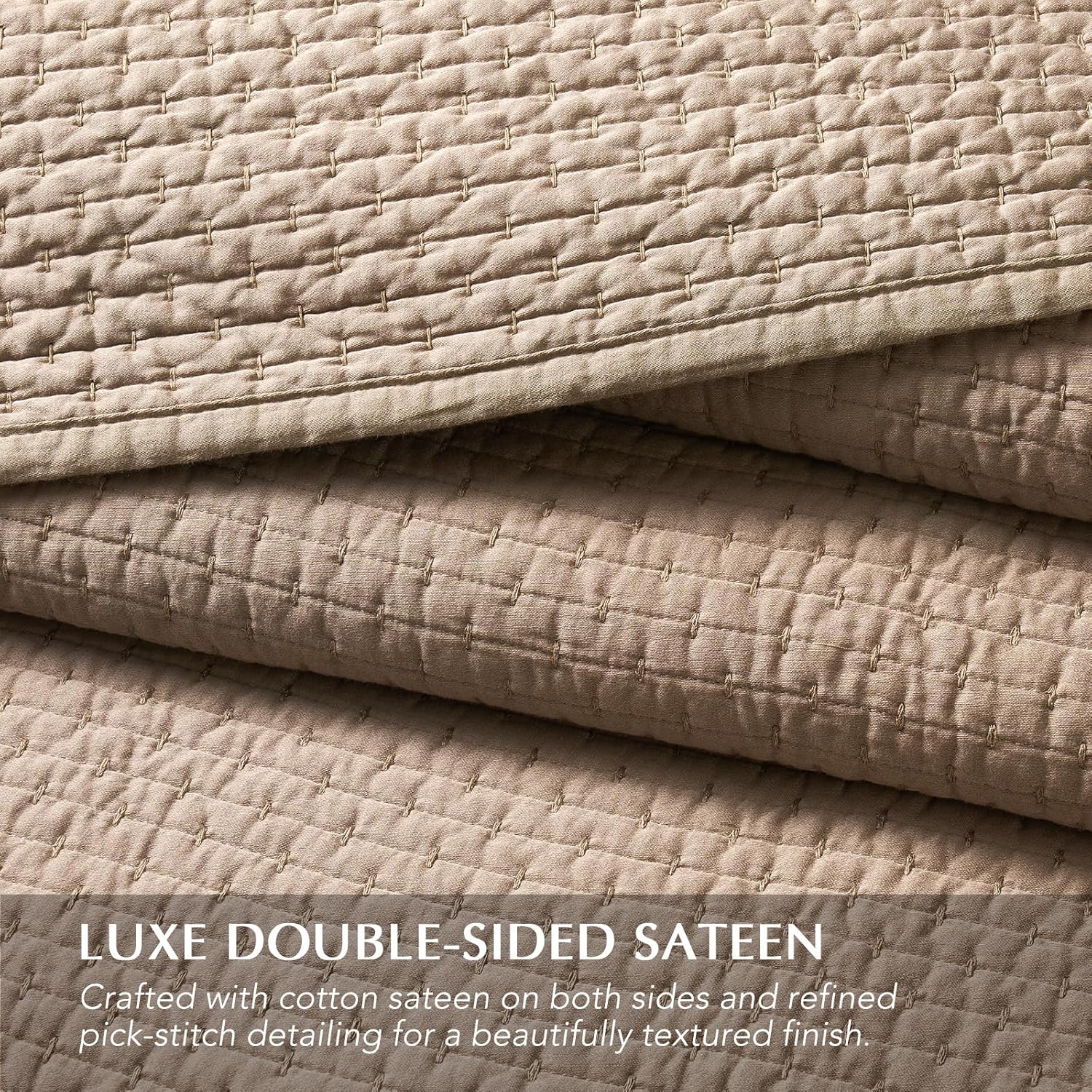 EVERGRACE Cotton Sateen Pick-Stitch Quilt Set Queen Size – 100% Cotton Lightweight Coverlet Bedding, Pre-Washed Oversized Bedspread, Breathable All-Season Quilt Set with 2 Shams, Stone Taupe | Pick-Stitch Design, Luxe Cotton Sateen, Double Sided, 100% Cotton, Oeko-Tex Certified, Lightweight